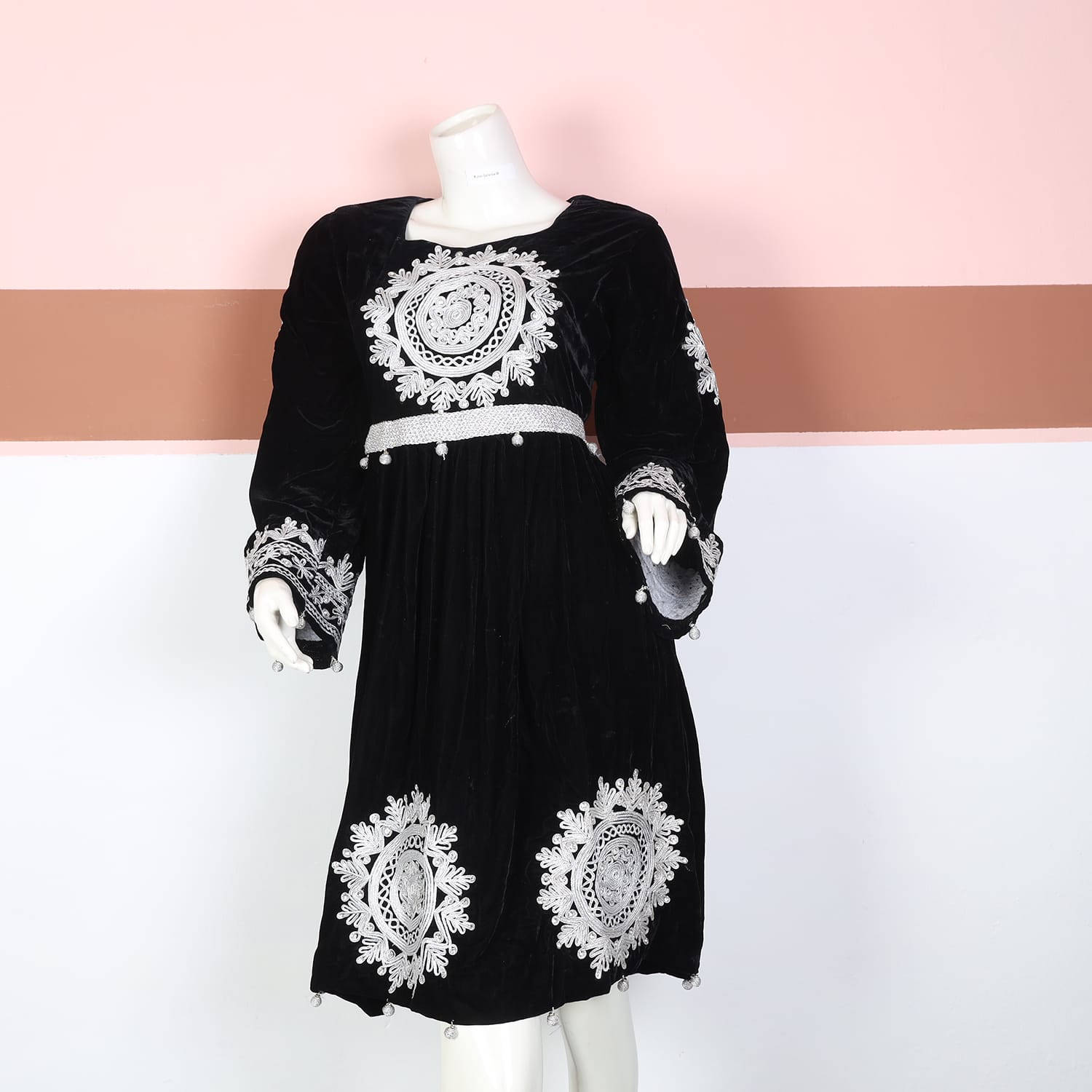 Black Velvet Traditional Afghani Dress with White Embroidery