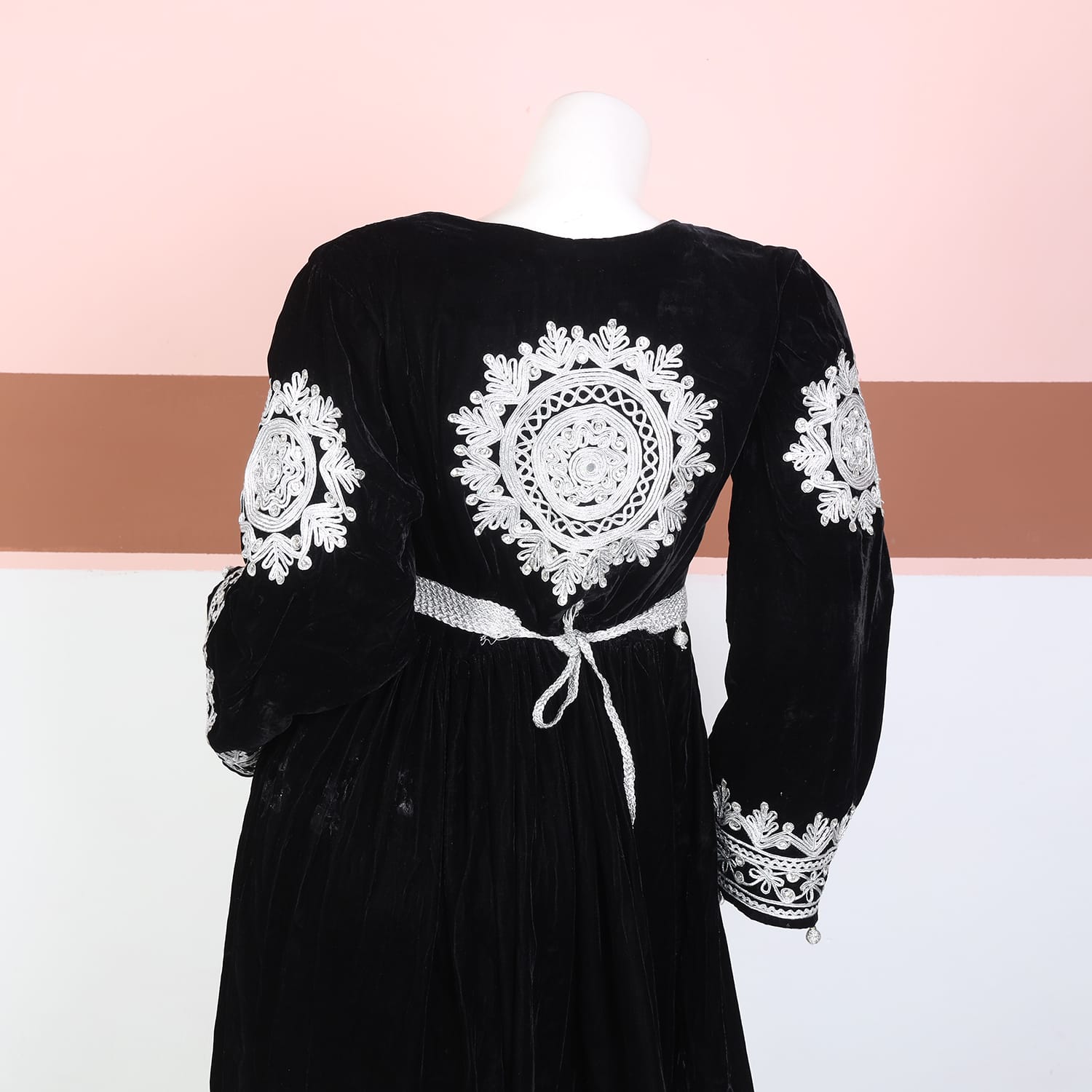 Black Velvet Traditional Afghani Dress with White Embroidery