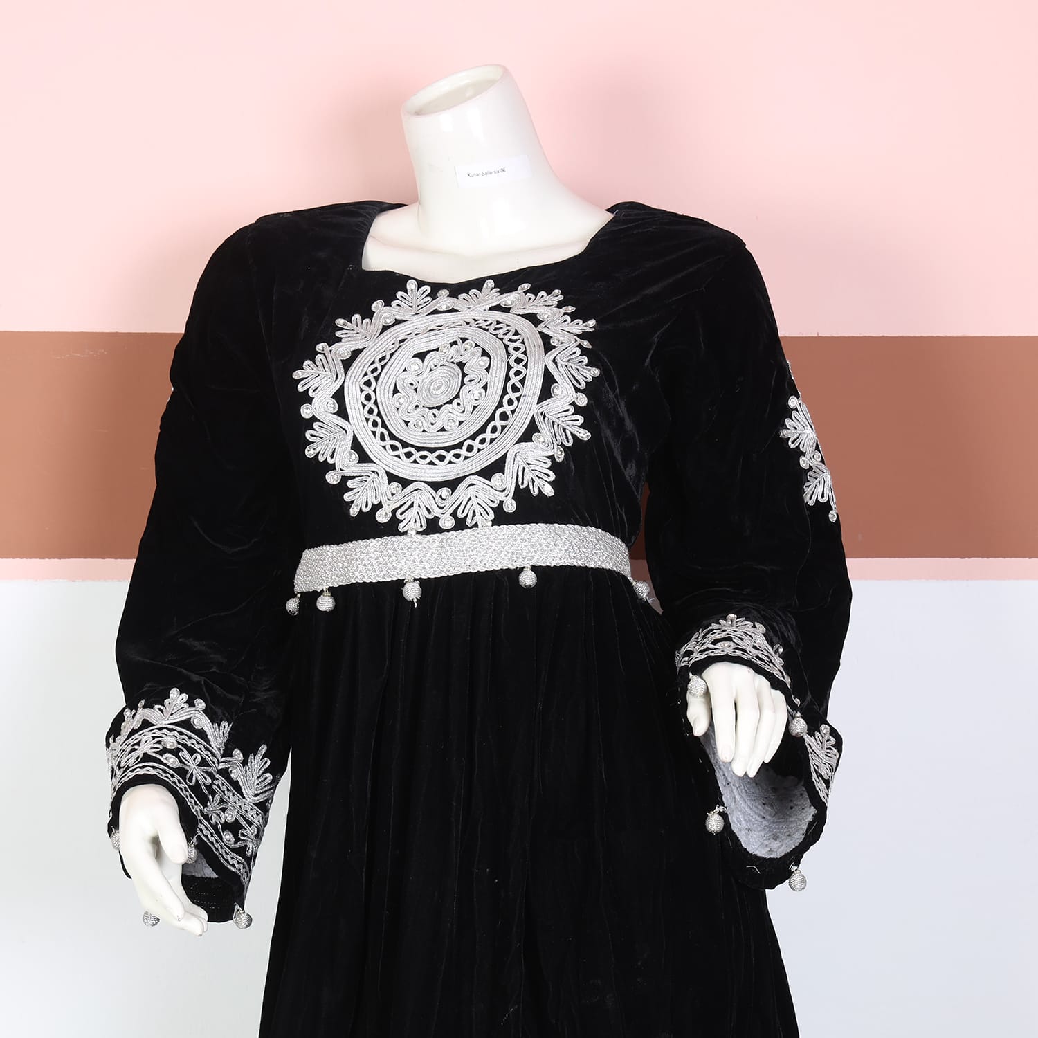 Black Velvet Traditional Afghani Dress with White Embroidery