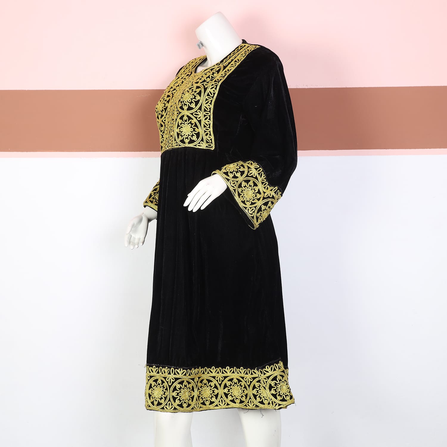 Black Velvet Afghani Dress with Golden Embroidery