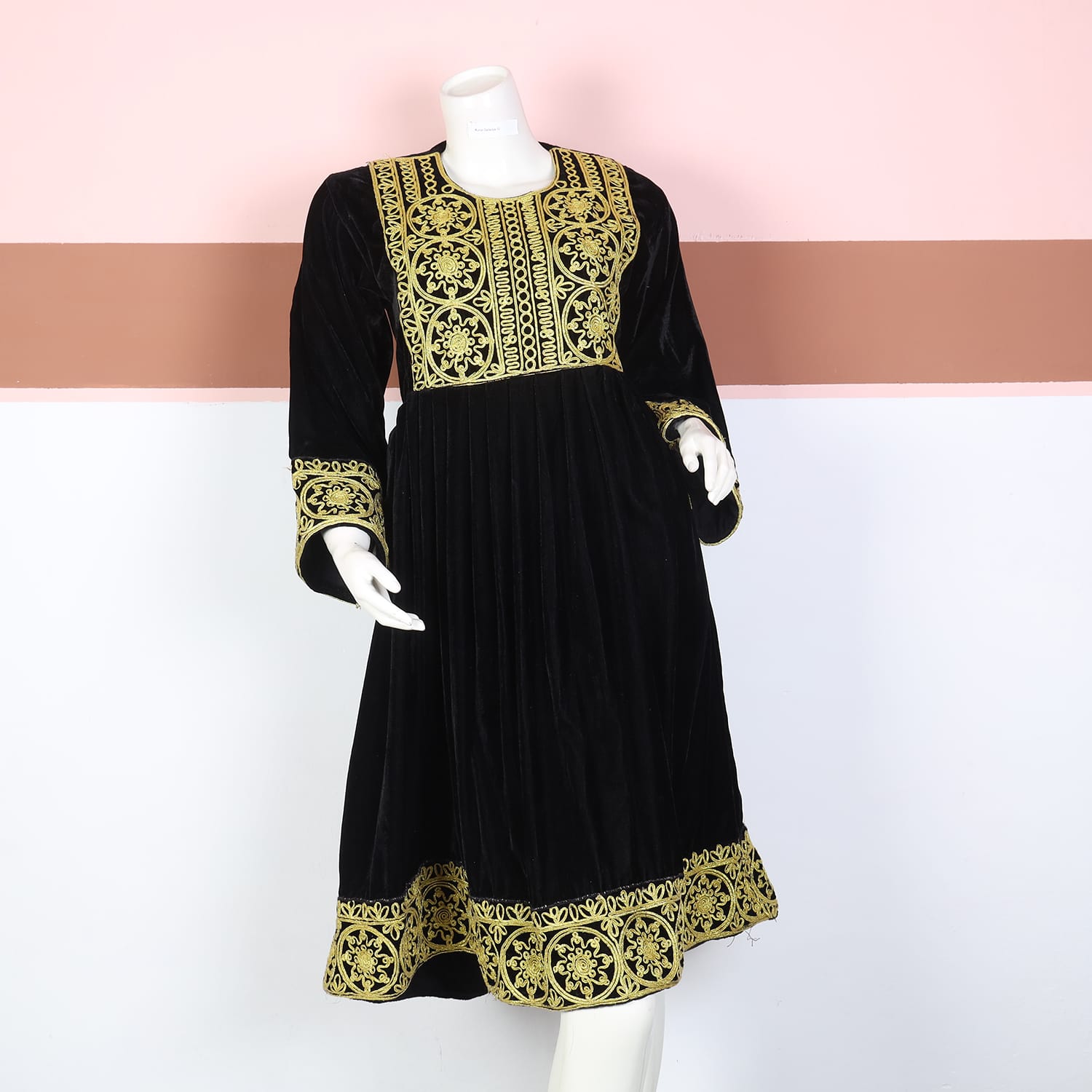 Black Velvet Afghani Dress with Golden Embroidery