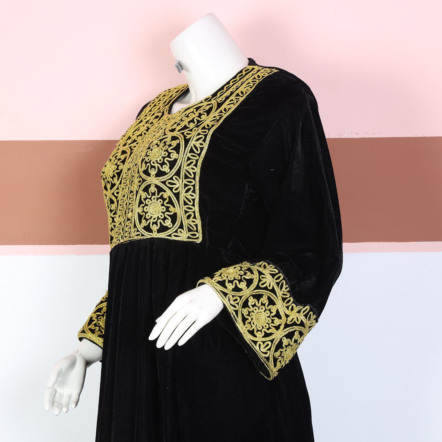 Black Velvet Afghani Dress with Golden Embroidery