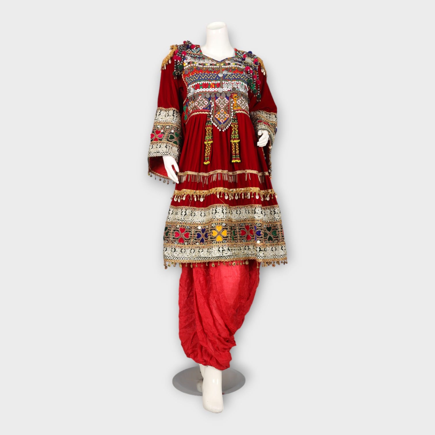 Red Velvet Afghan Dress with Embroidery and Patiala Trousers