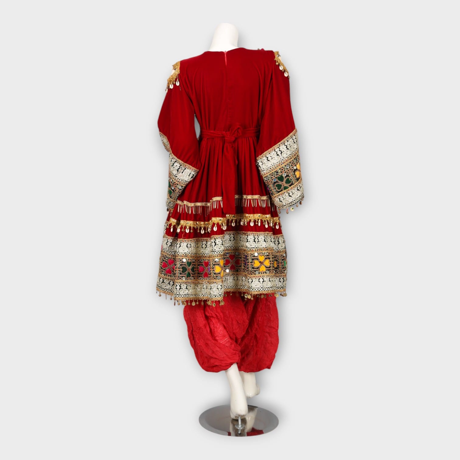 Red Velvet Afghan Dress with Embroidery and Patiala Trousers