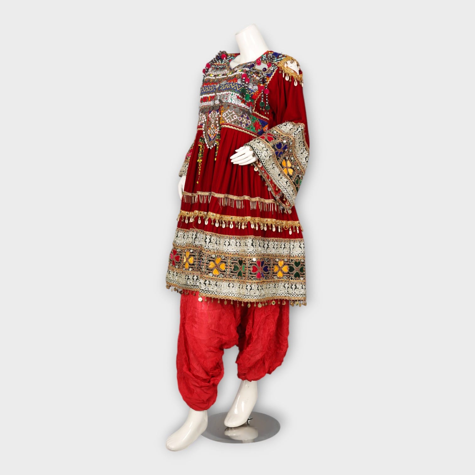 Red Velvet Afghan Dress with Embroidery and Patiala Trousers