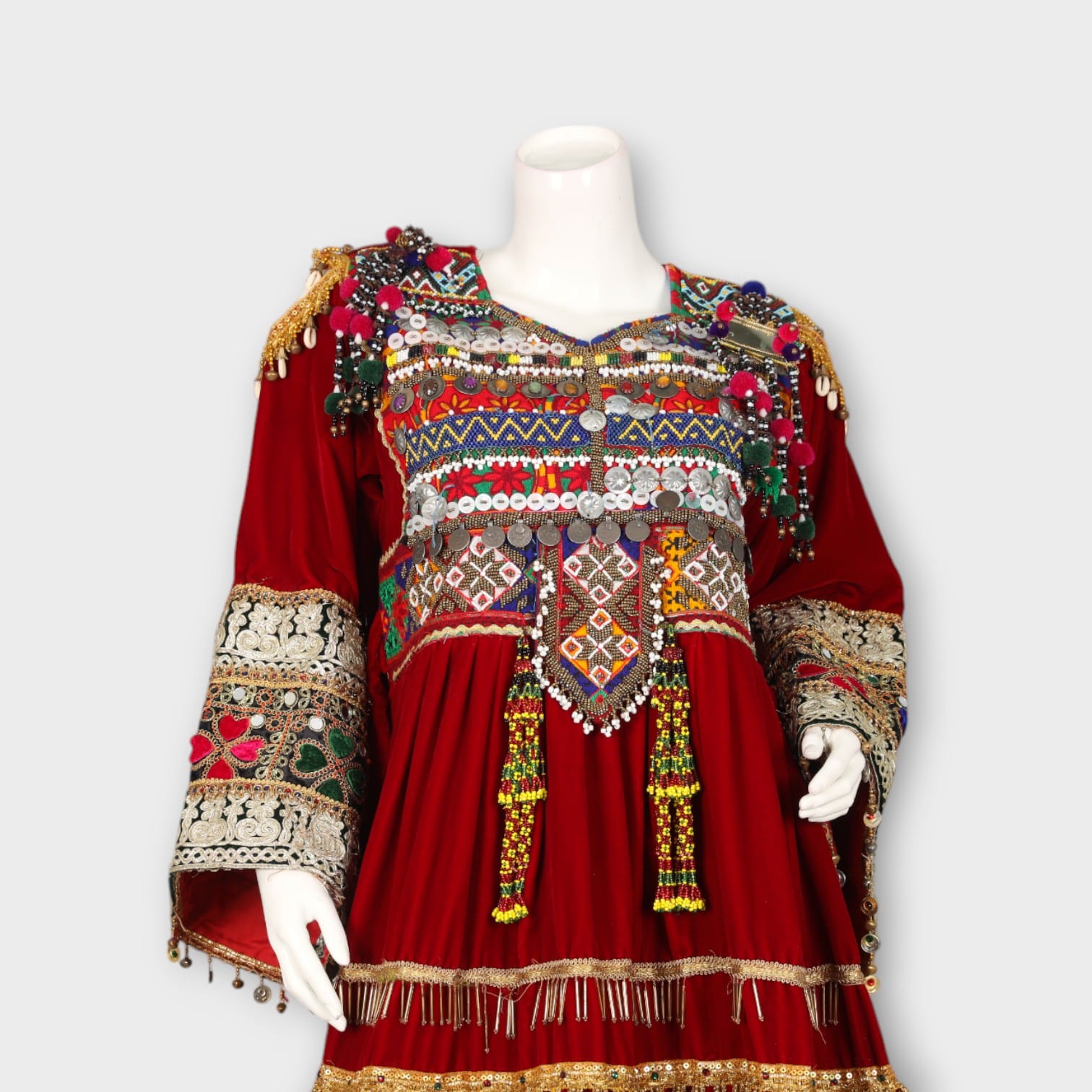 Red Velvet Afghan Dress with Embroidery and Patiala Trousers