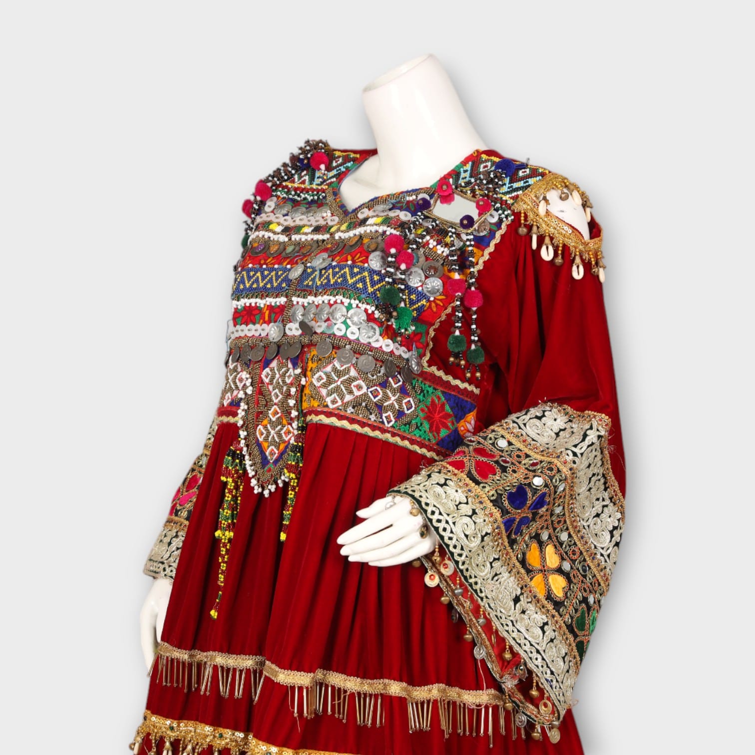 Red Velvet Afghan Dress with Embroidery and Patiala Trousers