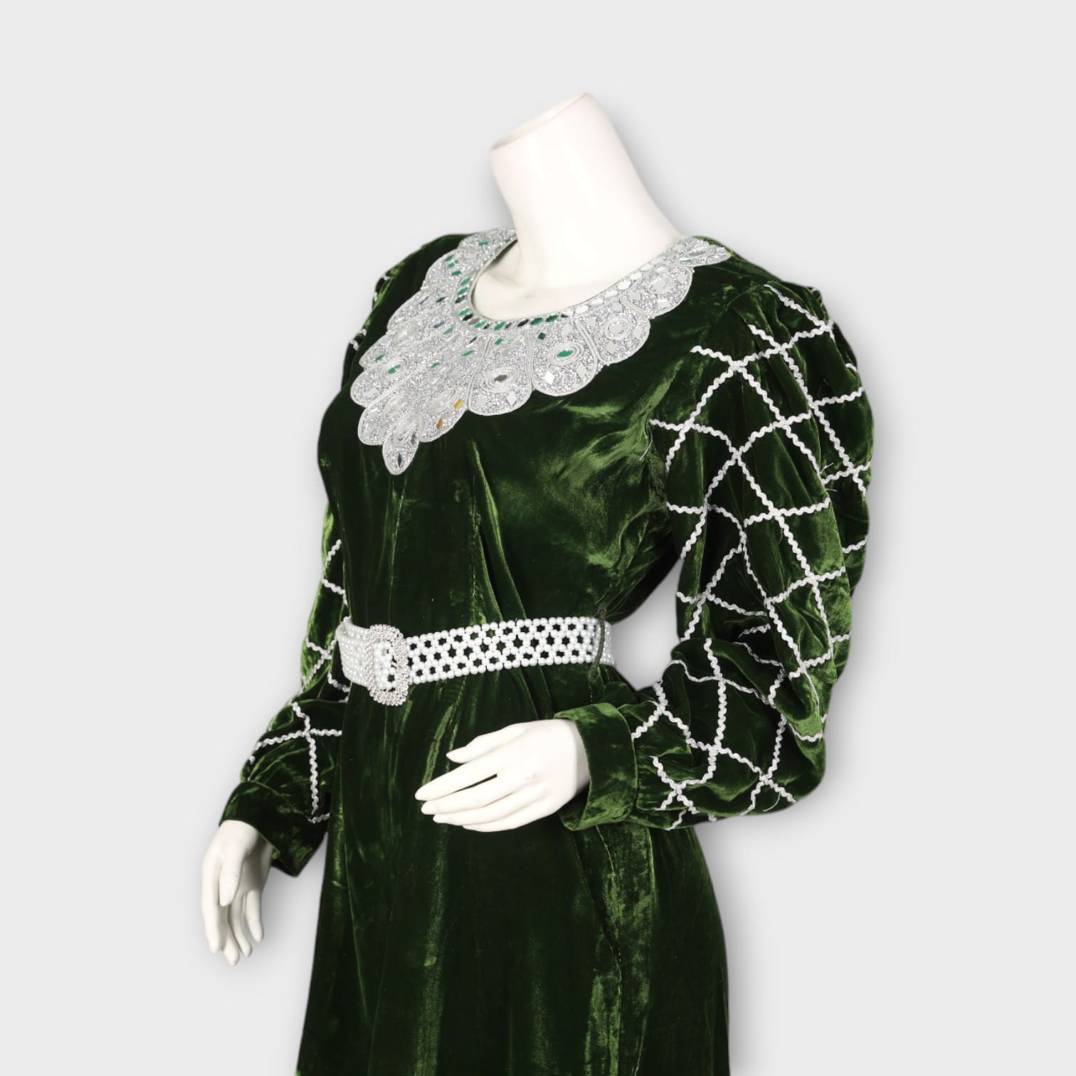Elegant Dark Green Velvet Maxi Dress with Lace Collar | Aseel