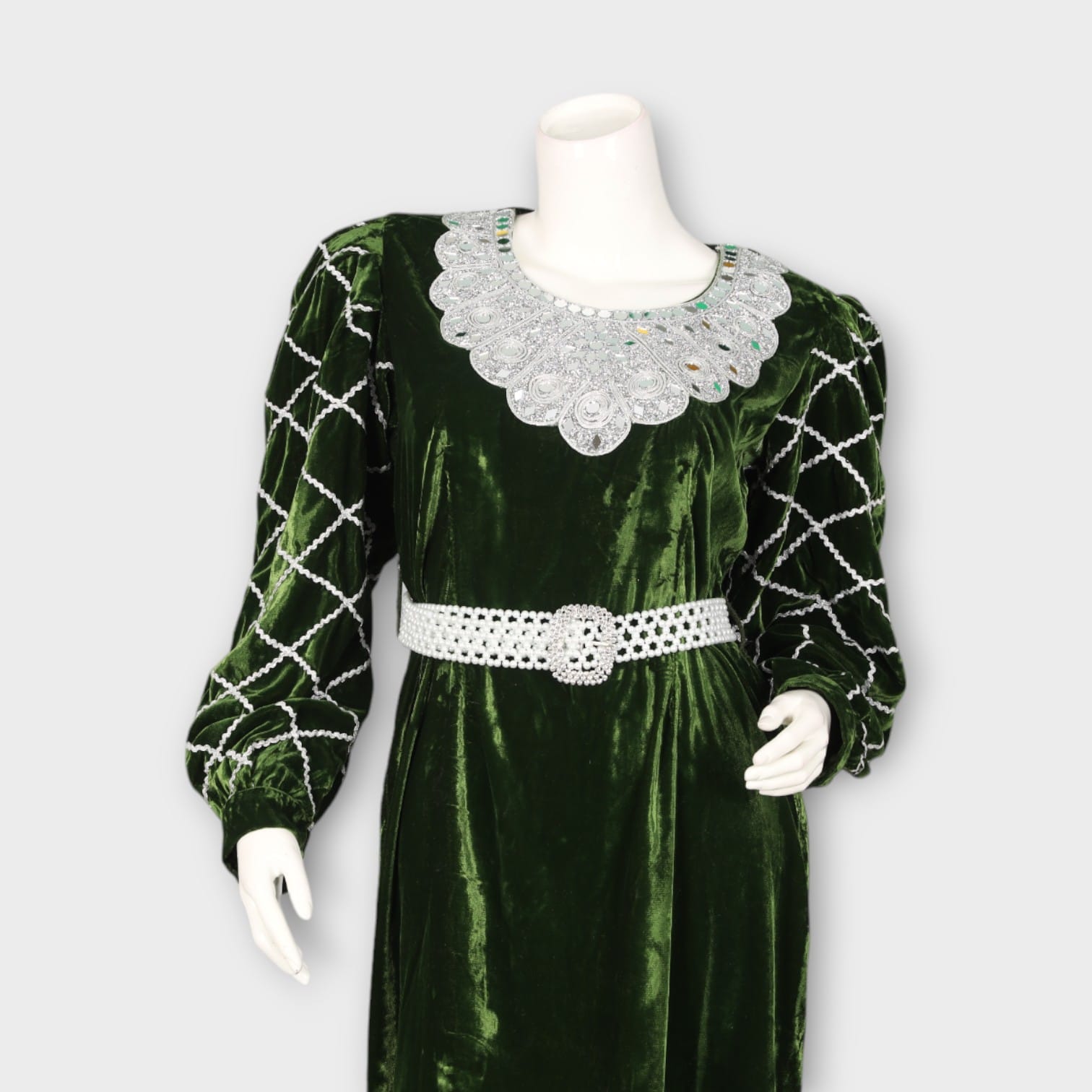 Elegant Dark Green Velvet Maxi Dress with Lace Collar | Aseel Elegant Dark Green Velvet Maxi Dress with Lace Collar | Aseel