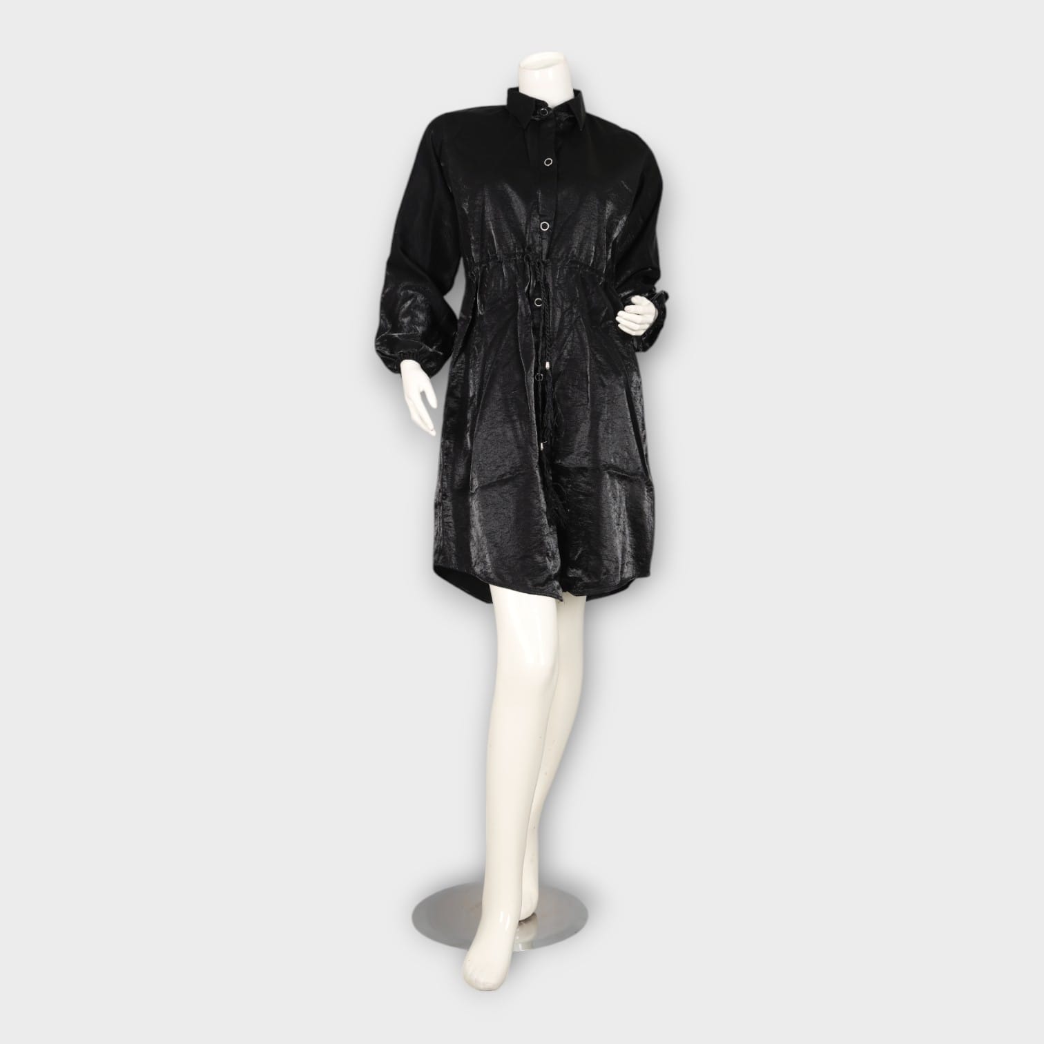 Black Satin Button-Down Shirt Dress with Drawstring Waist