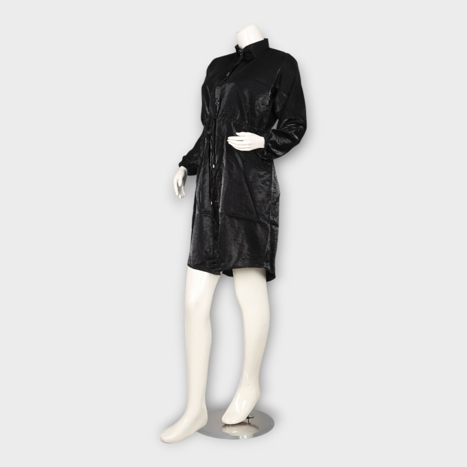 black satin drawstring dress Sleek Black Satin Mini Dress With Drawstring