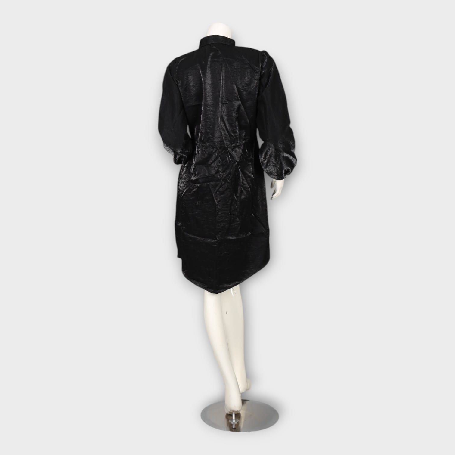 Black Satin Button-Down Shirt Dress with Drawstring Waist