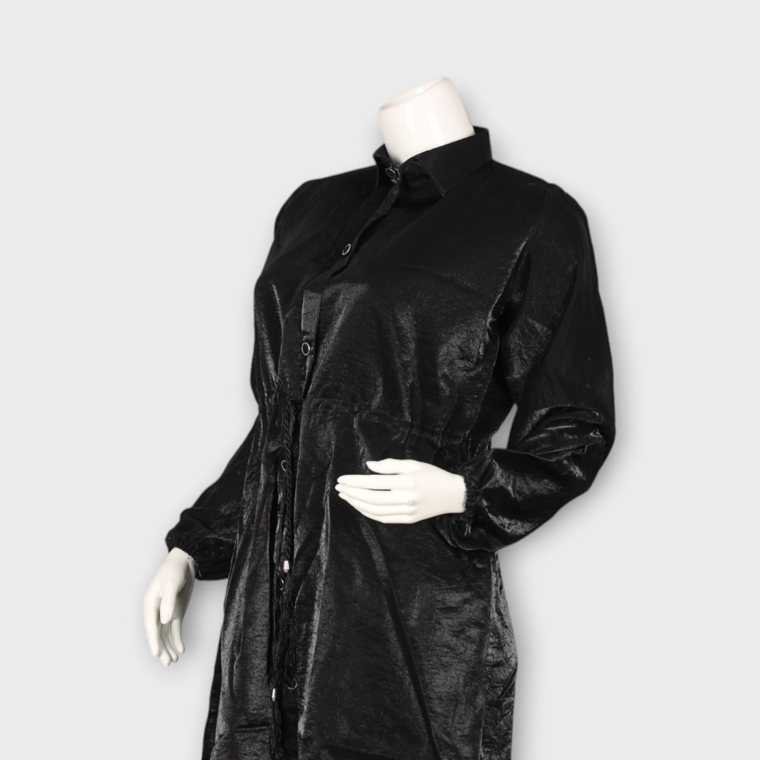 Black Satin Button-Down Shirt Dress with Drawstring Waist