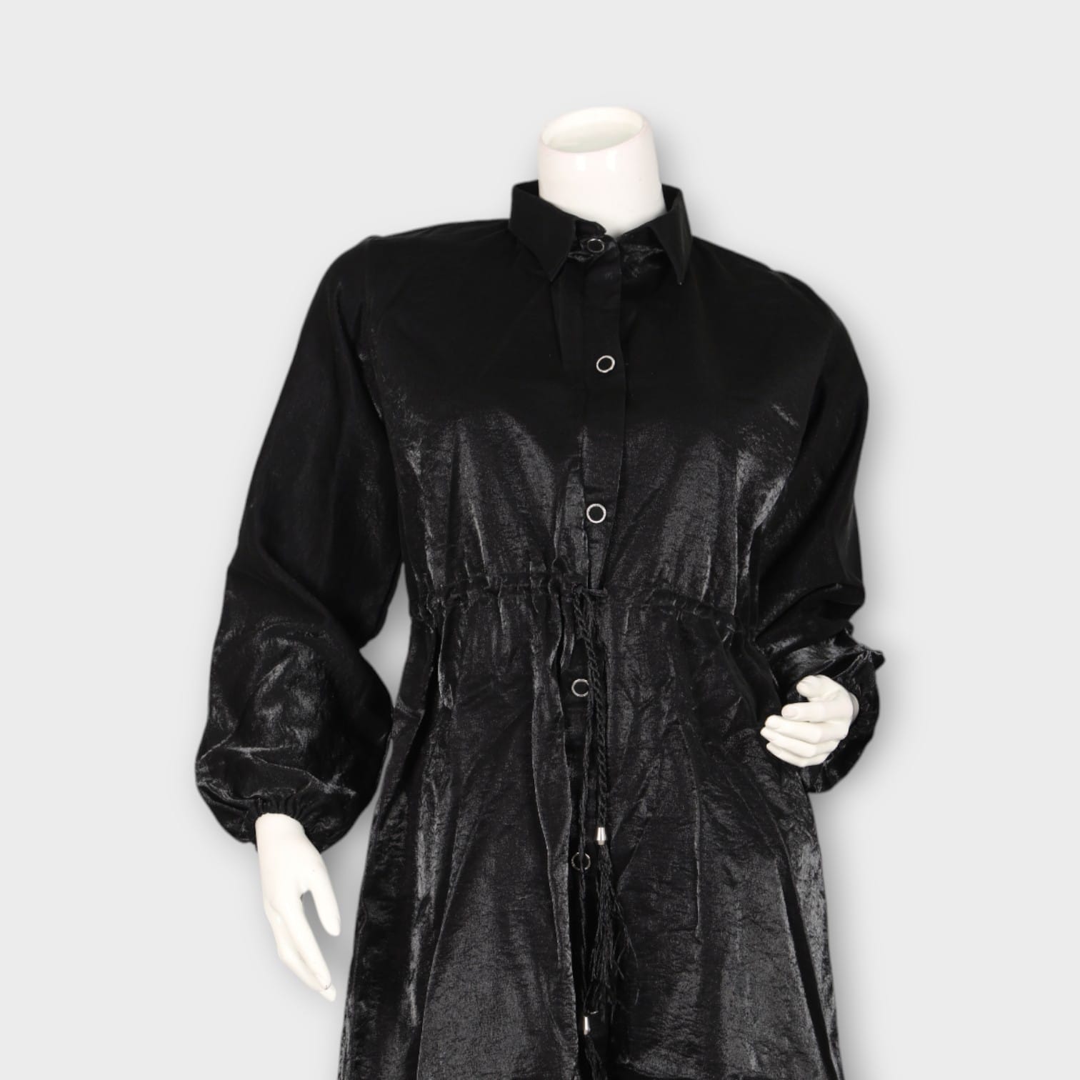 Black Satin Button-Down Shirt Dress with Drawstring Waist