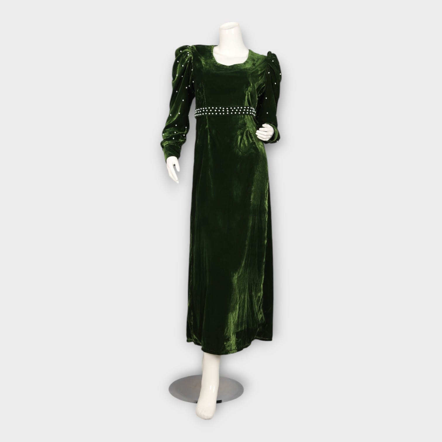 Dark Green Velvet Maxi Dress with Pearl-Studded Sleeves and Belt