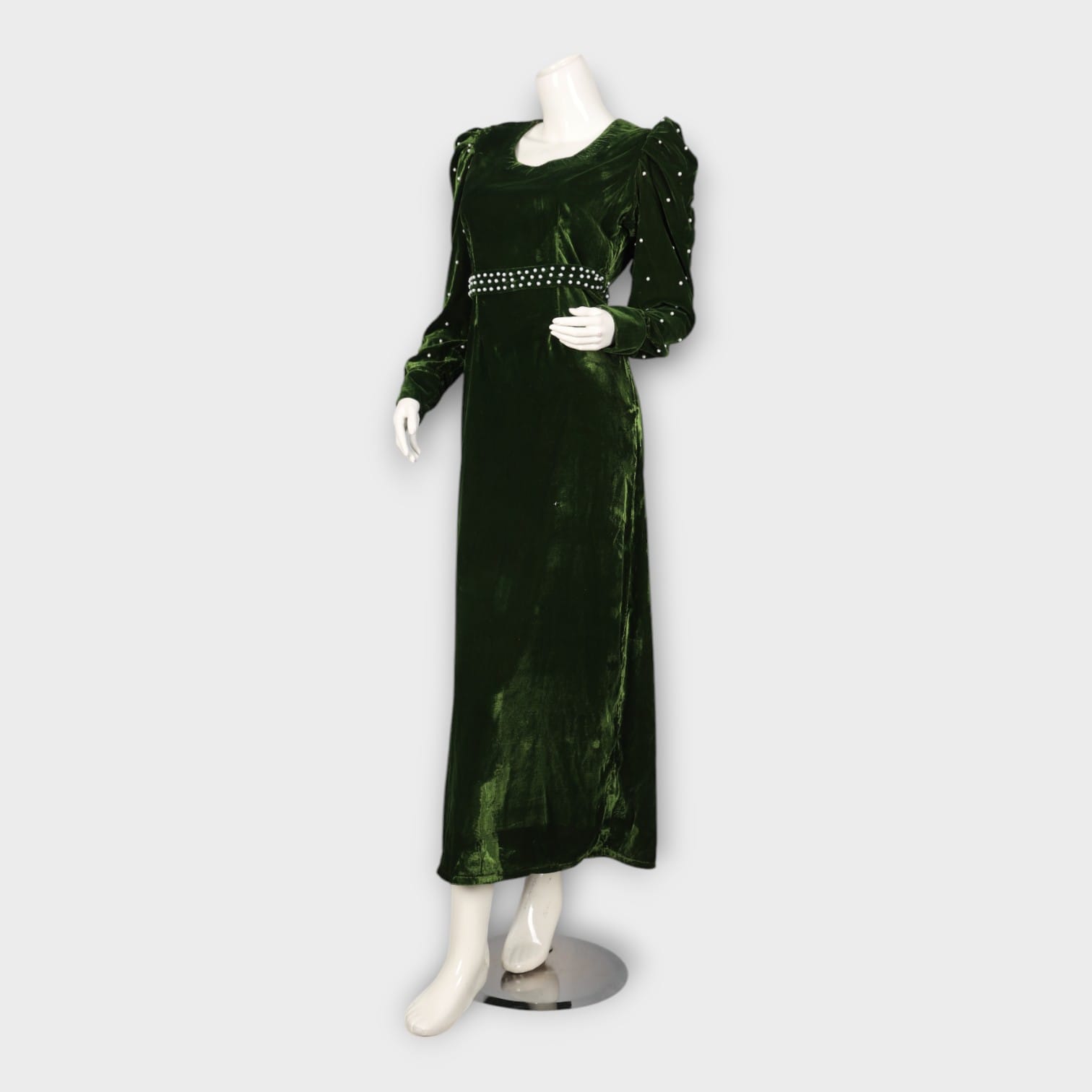 Dark Green Velvet Maxi Dress with Pearl-Studded Sleeves and Belt - Cloth Sizes Women: Medium