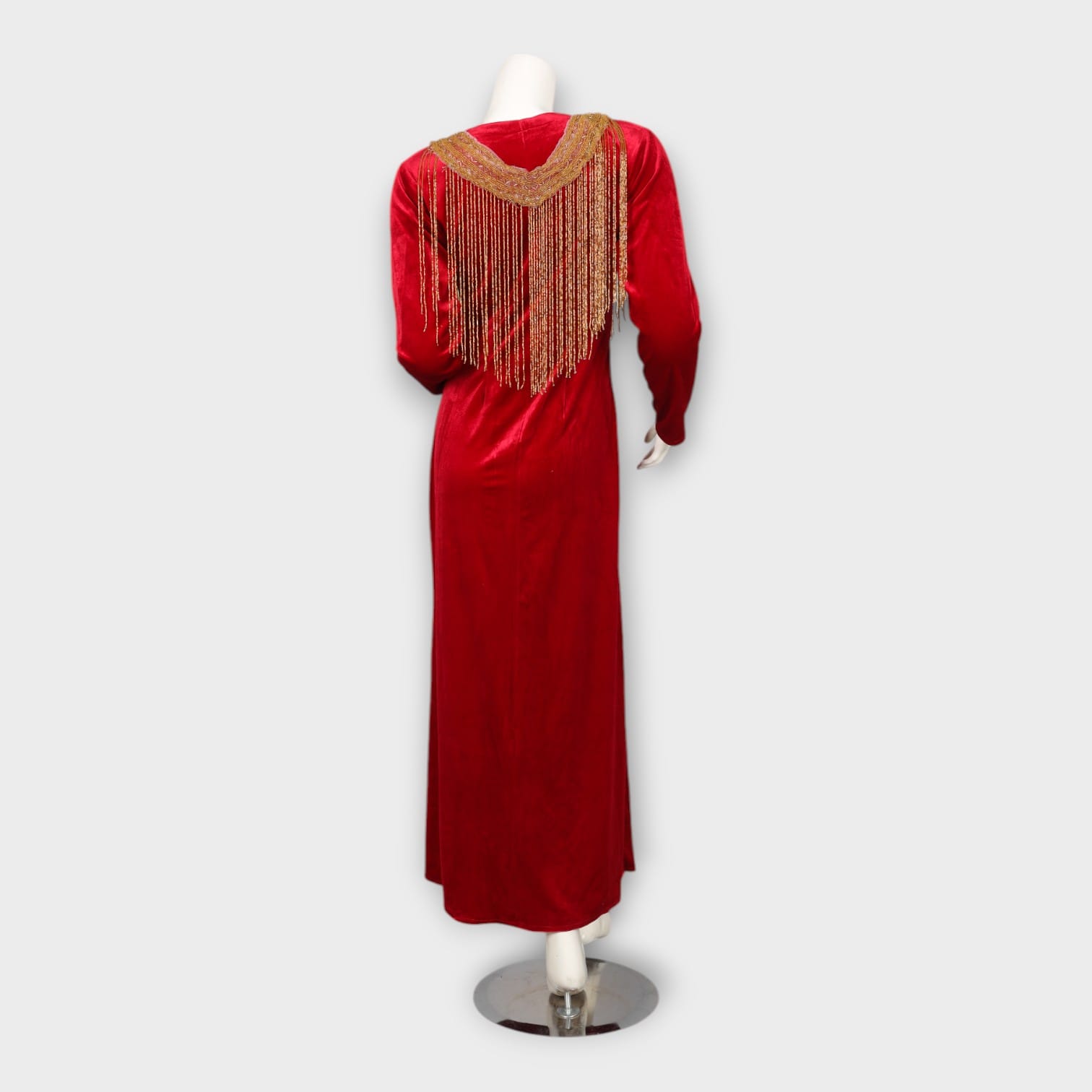 Red Velvet Maxi Dress with Gold Beaded Neckline