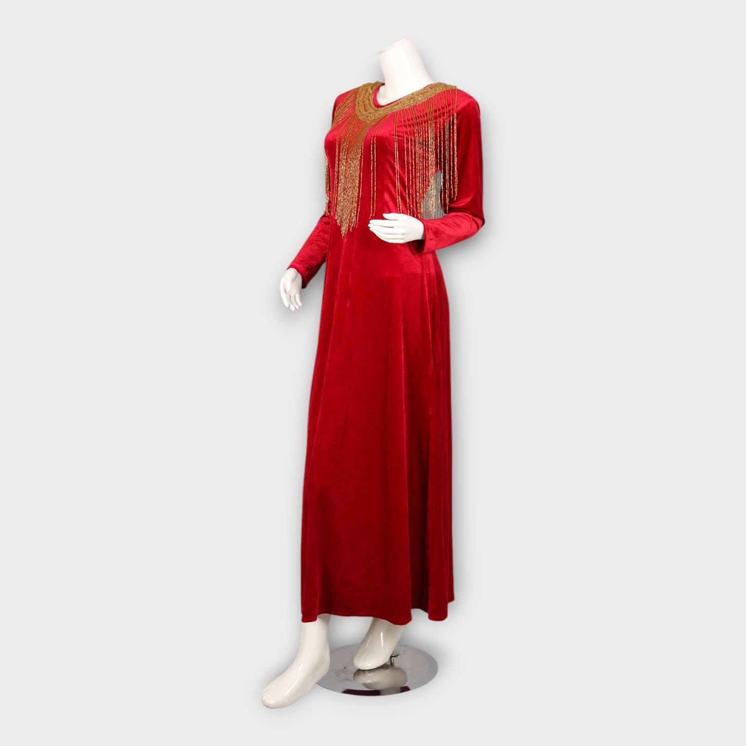 Red Velvet Maxi Dress with Gold Beaded Neckline | Aseel