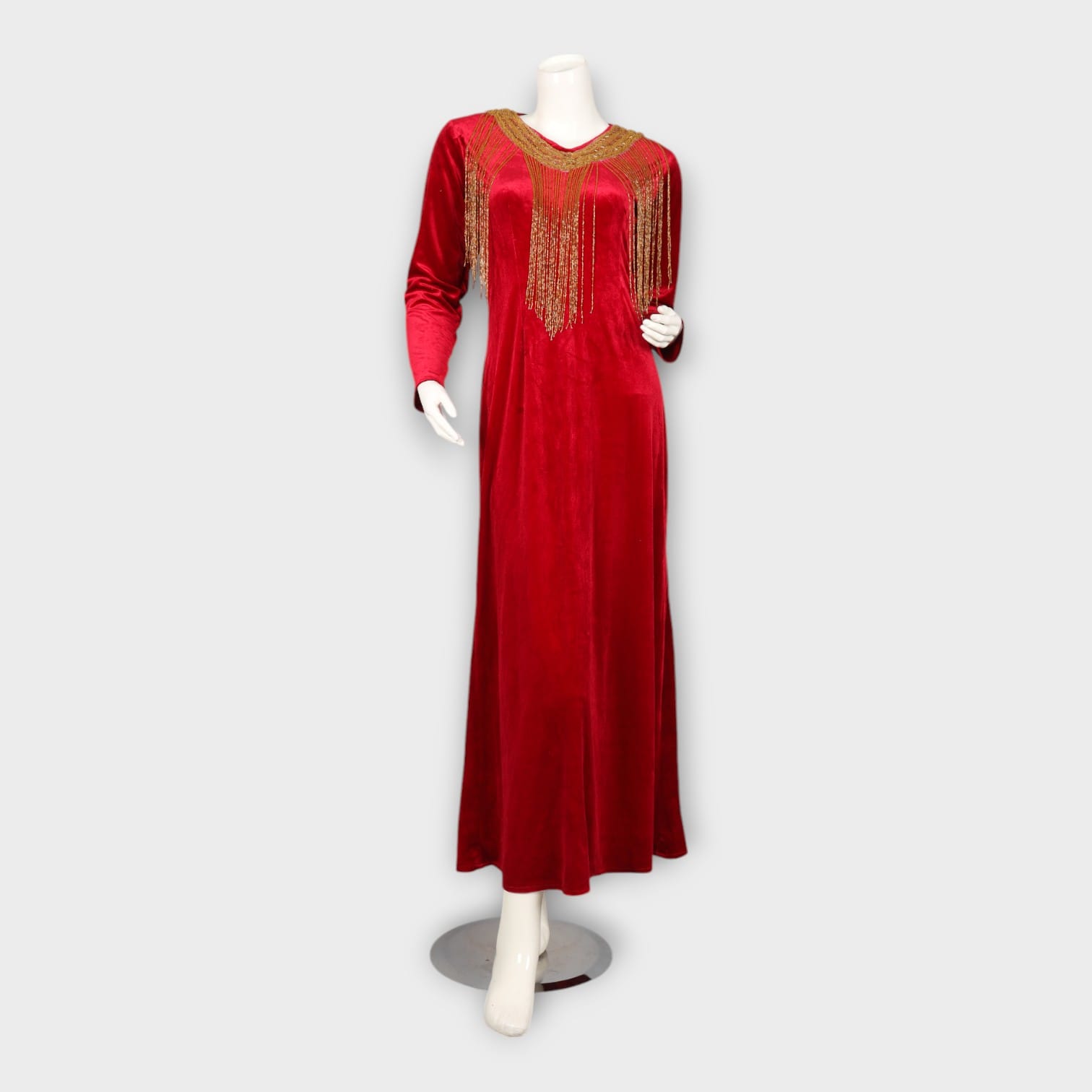 Red Velvet Maxi Dress with Gold Beaded Neckline