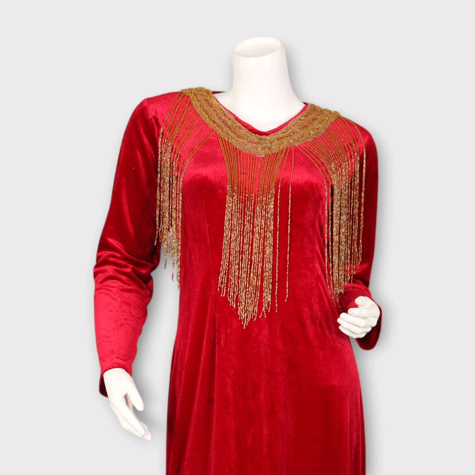 Red Velvet Maxi Dress with Gold Beaded Neckline