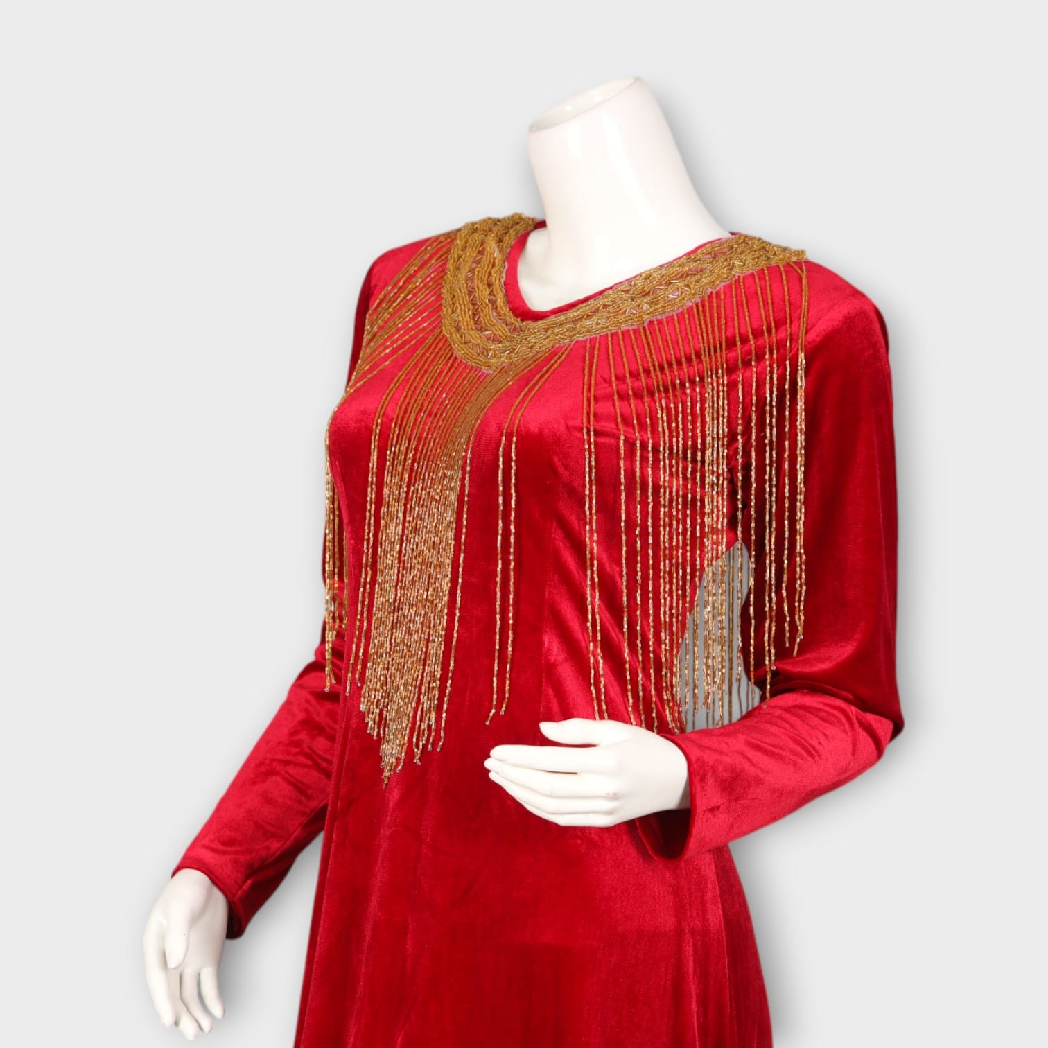 Red Velvet Maxi Dress with Gold Beaded Neckline
