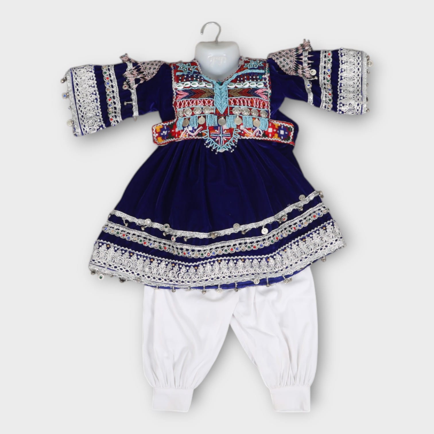 Navy Blue Traditional Afghan Dress for Girls with White Trousers