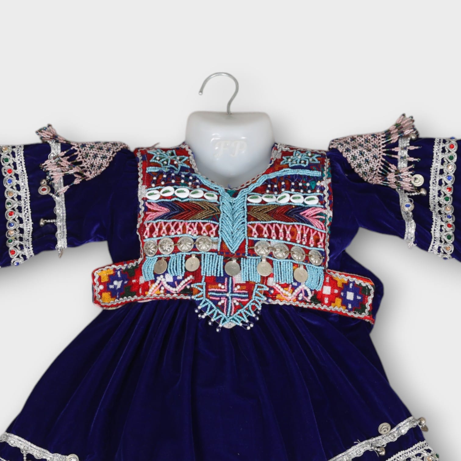 Navy Blue Traditional Afghan Dress for Girls with White Trousers