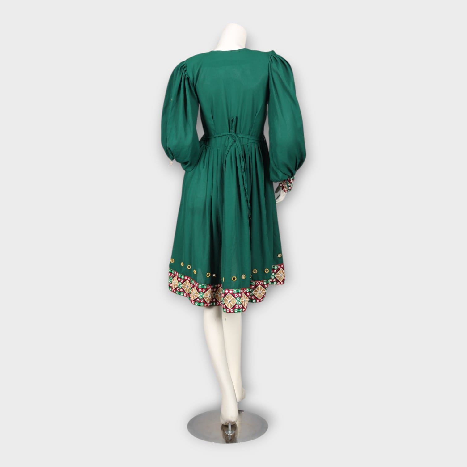 Emerald Green Short Afghan Dress with Traditional Embroidery