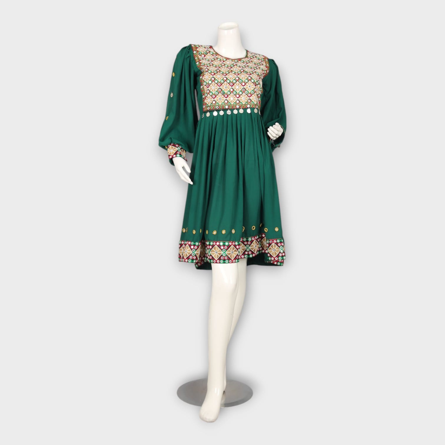 Emerald Green Short Afghan Dress with Traditional Embroidery