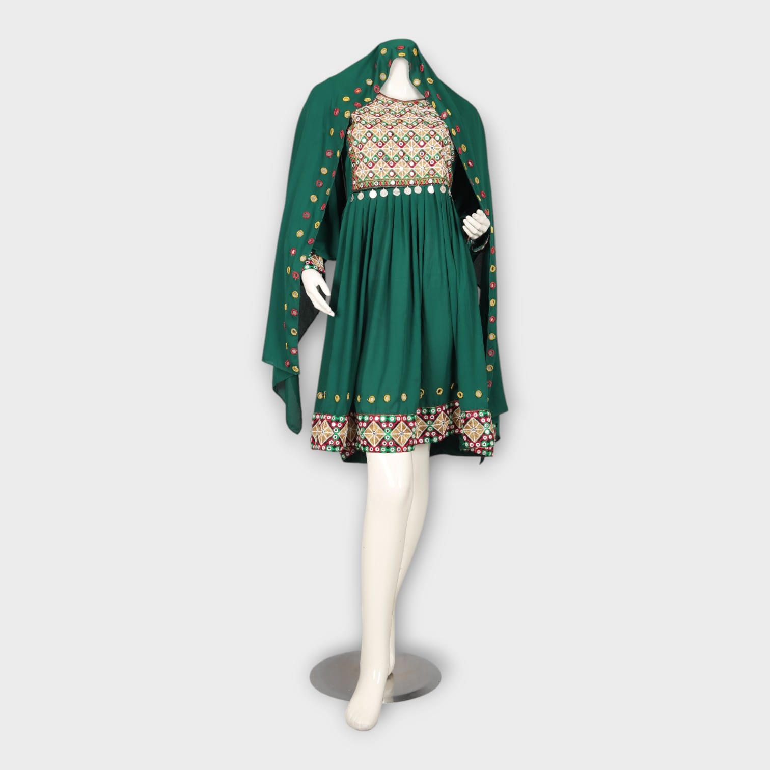 Emerald Green Short Afghan Dress with Traditional Embroidery