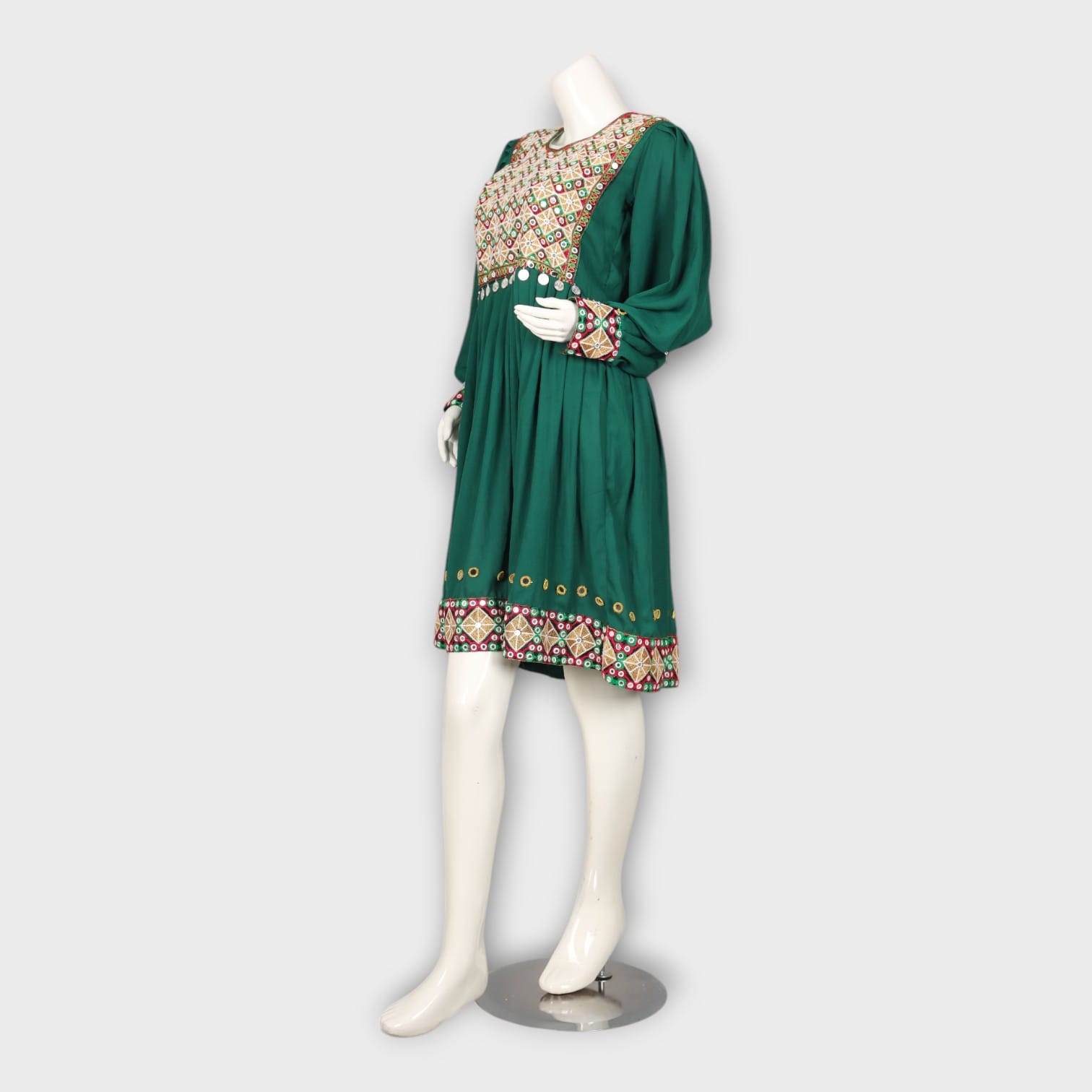 Emerald Green Short Afghan Dress with Traditional Embroidery