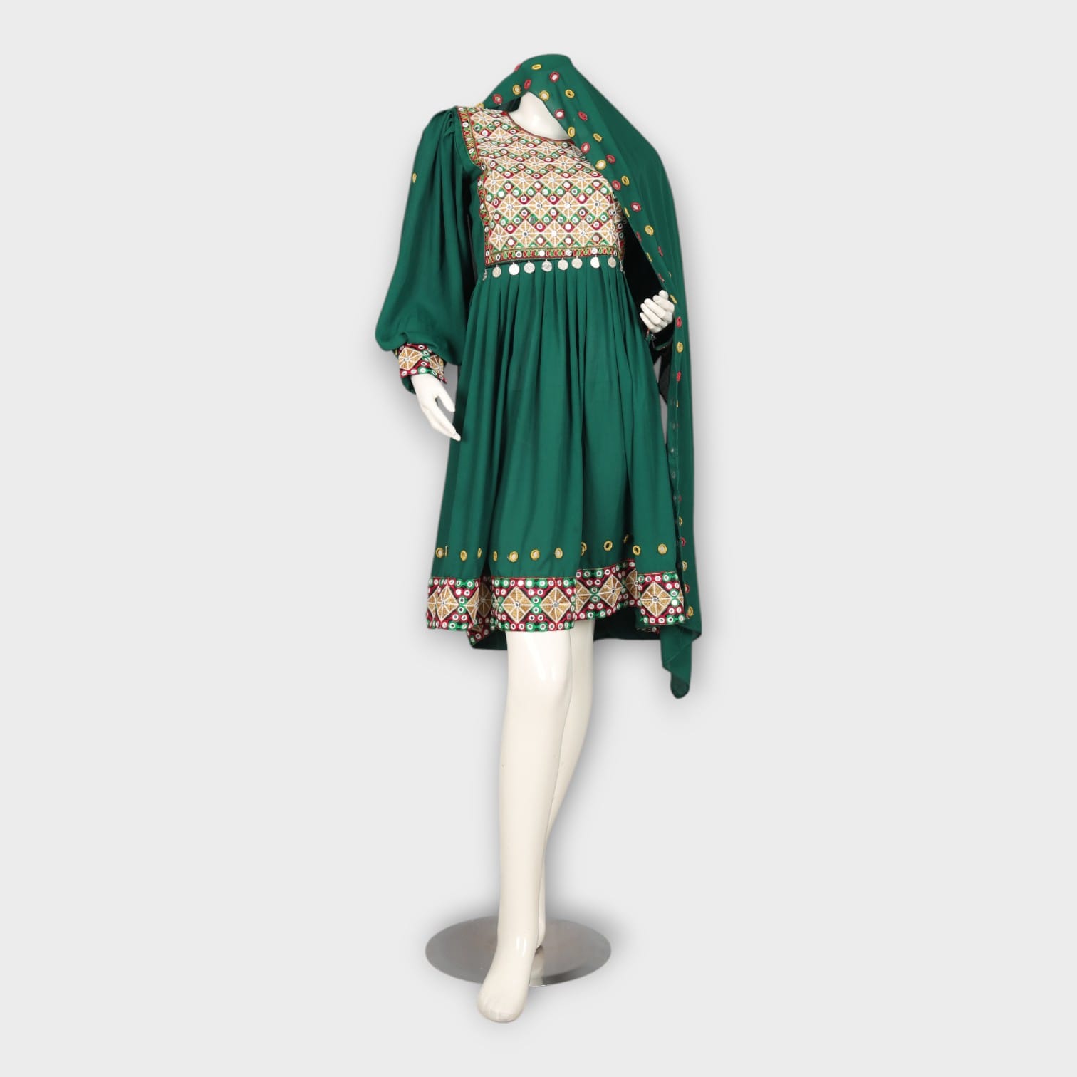 Emerald Green Short Afghan Dress with Traditional Embroidery