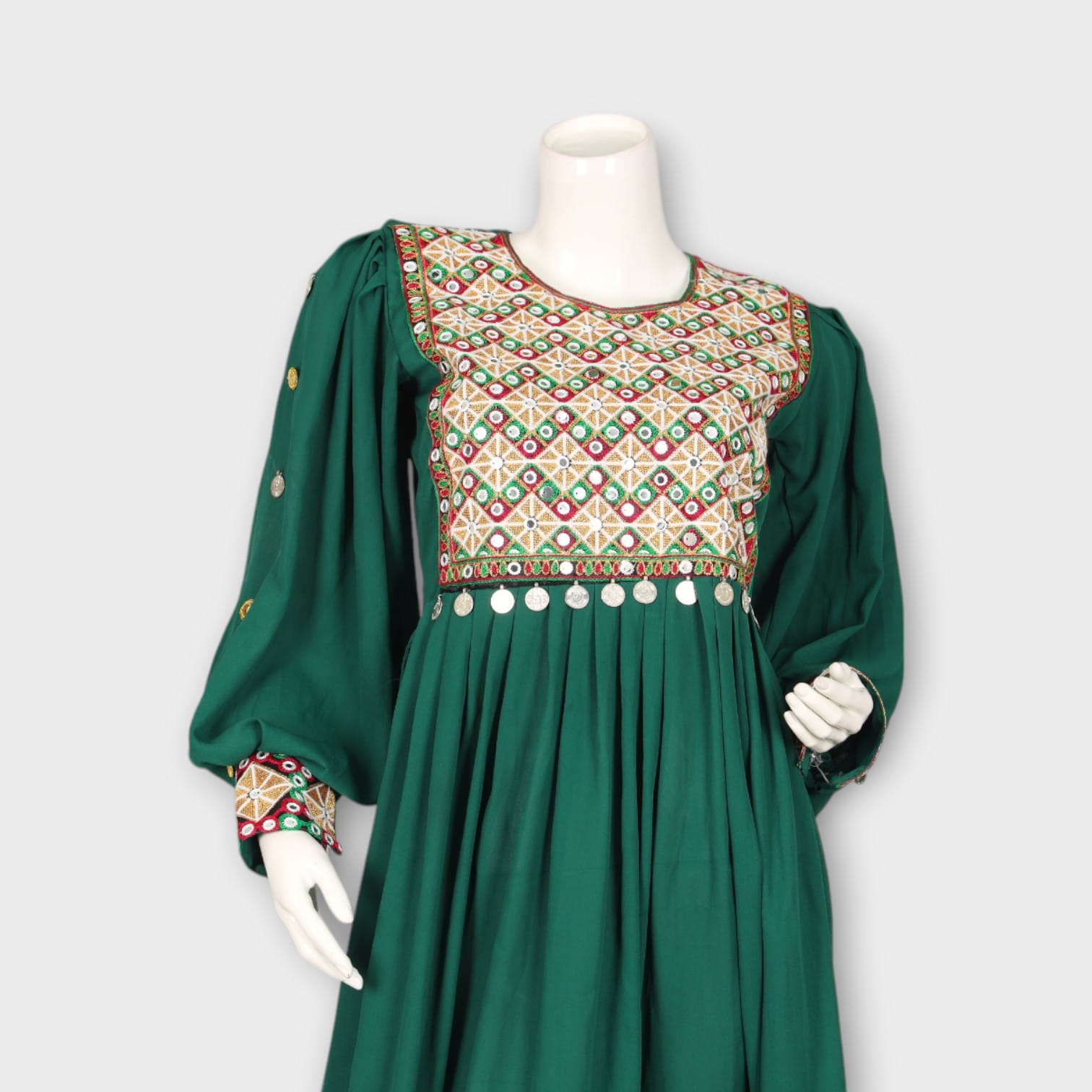 Emerald Green Short Afghan Dress with Traditional Embroidery