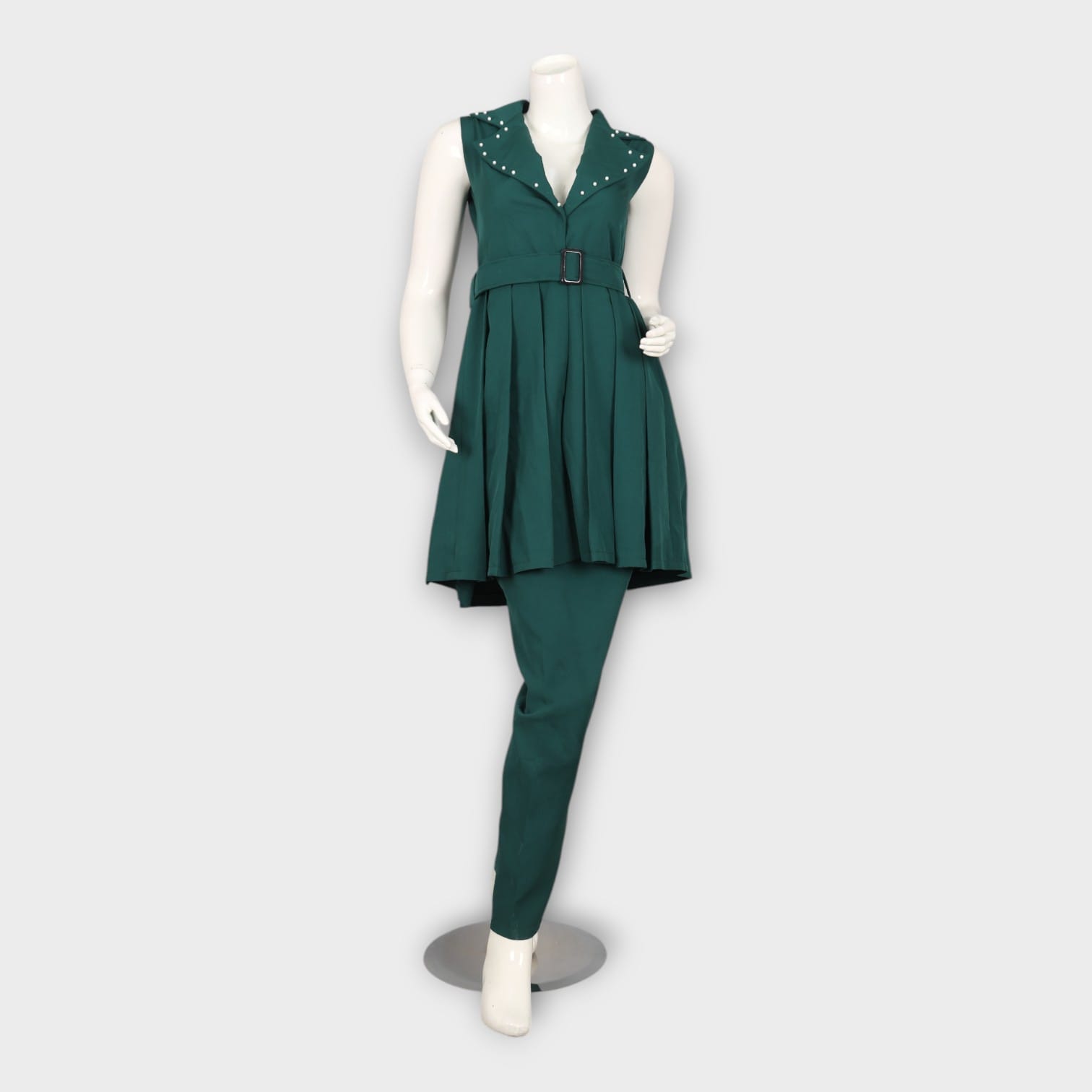 Sleeveless Green Belted Tunic with Trousers