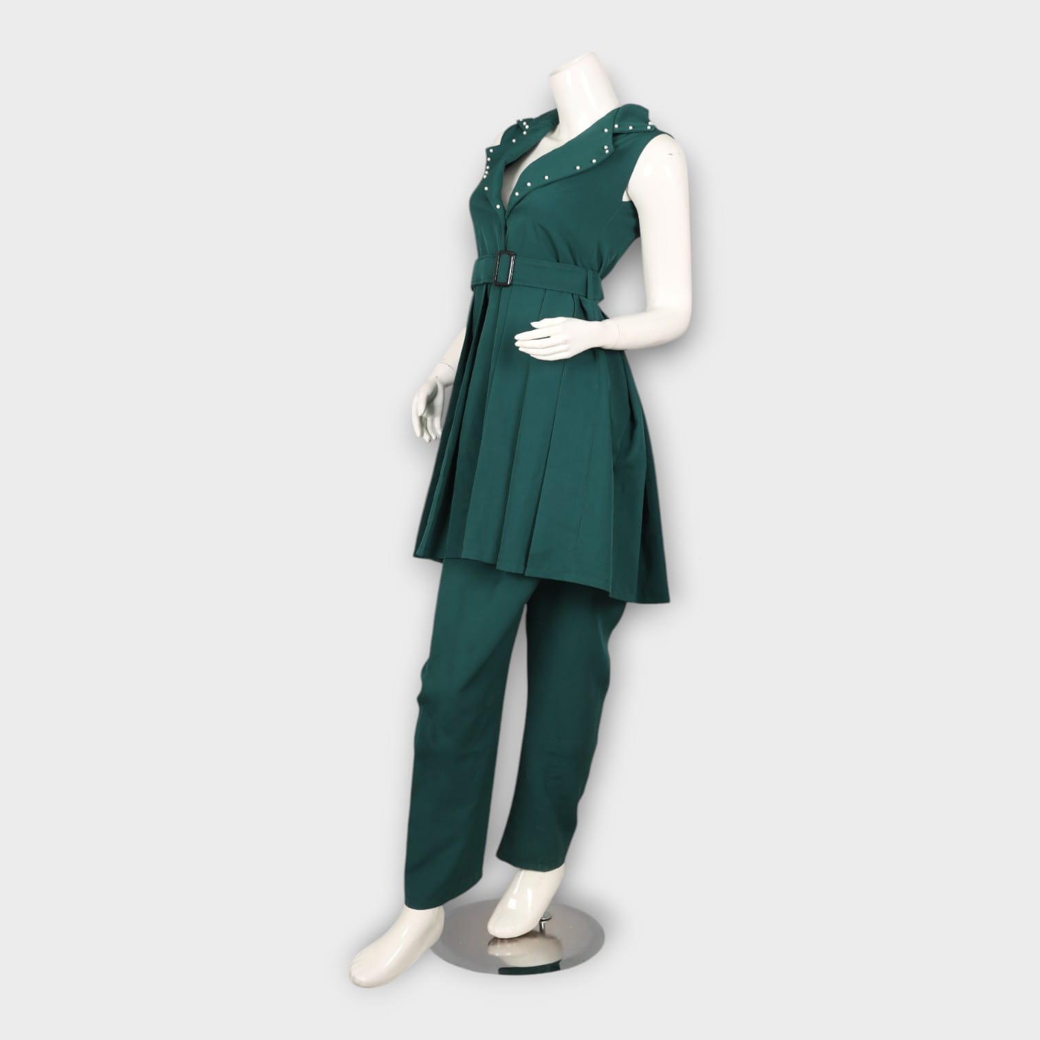 Sleeveless Green Belted Tunic with Trousers