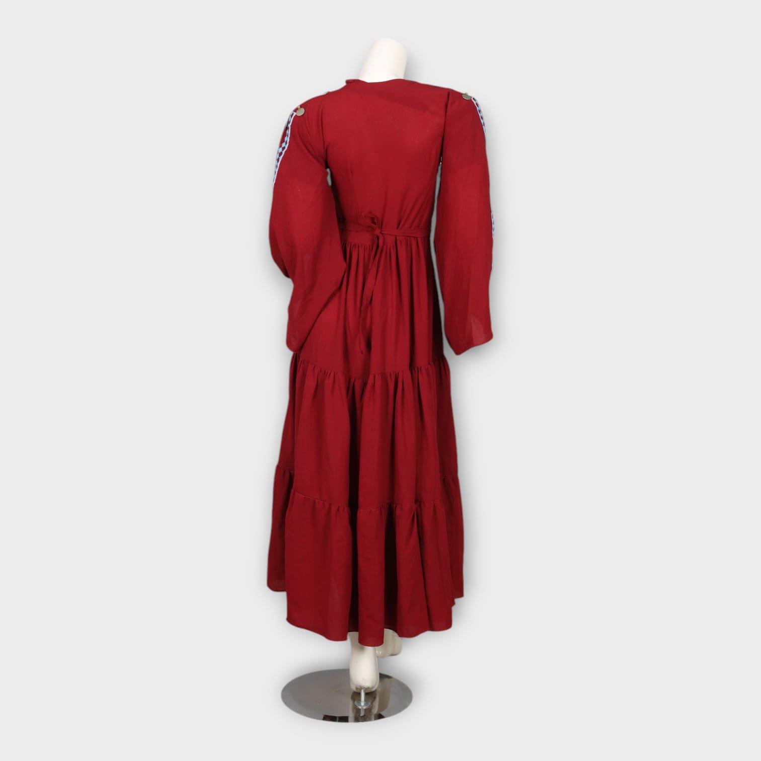 Bohemian Red Tiered Long Afghan Dress with Coin Embellishments