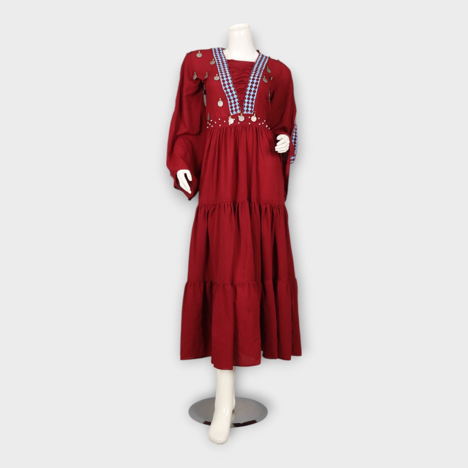 Bohemian Red Tiered Long Afghan Dress with Coin Embellishments