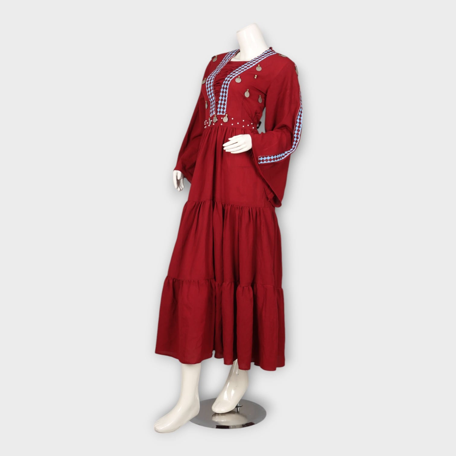 Bohemian Red Tiered Long Afghan Dress with Coin Embellishments