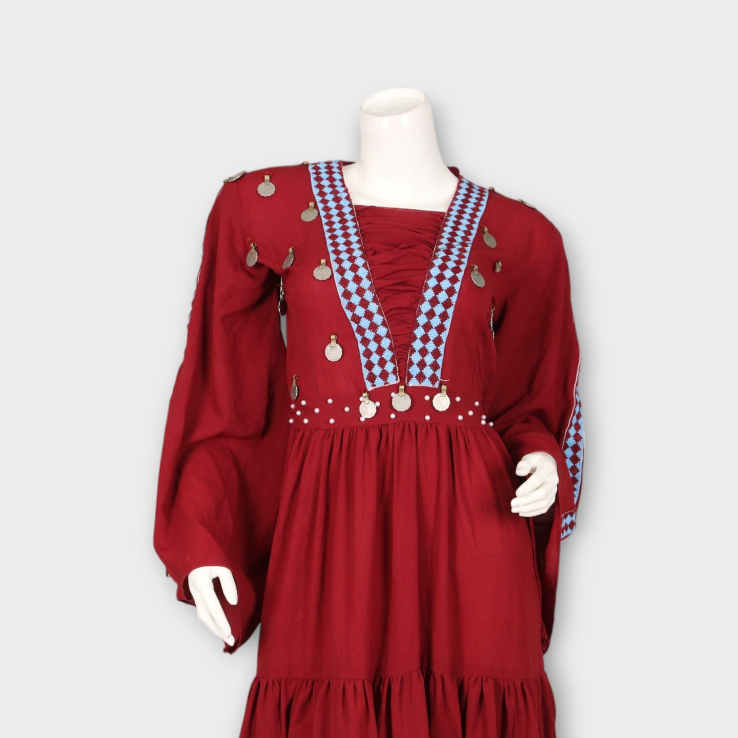 Bohemian Red Tiered Long Afghan Dress with Coin Embellishments