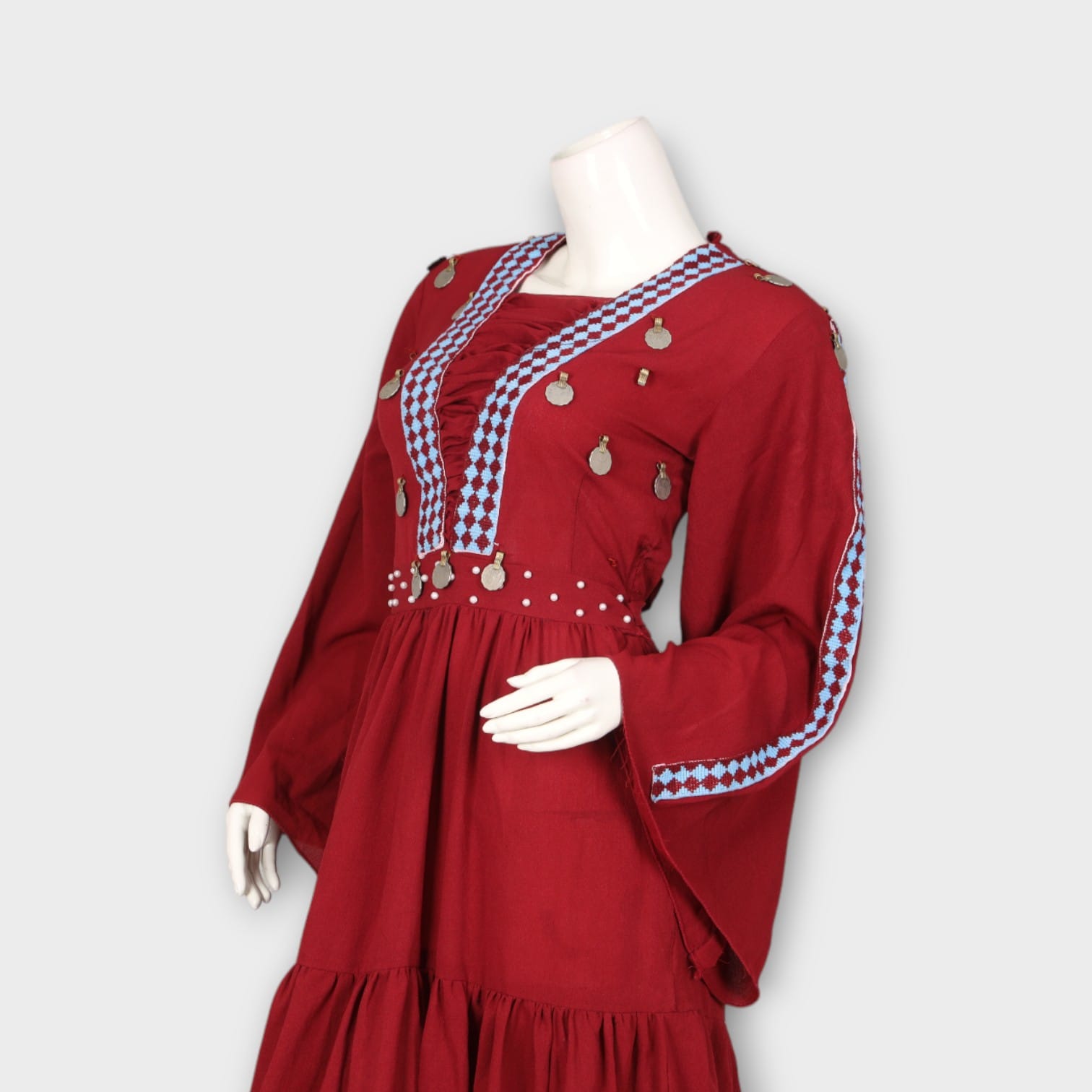 Bohemian Red Tiered Long Afghan Dress with Coin Embellishments