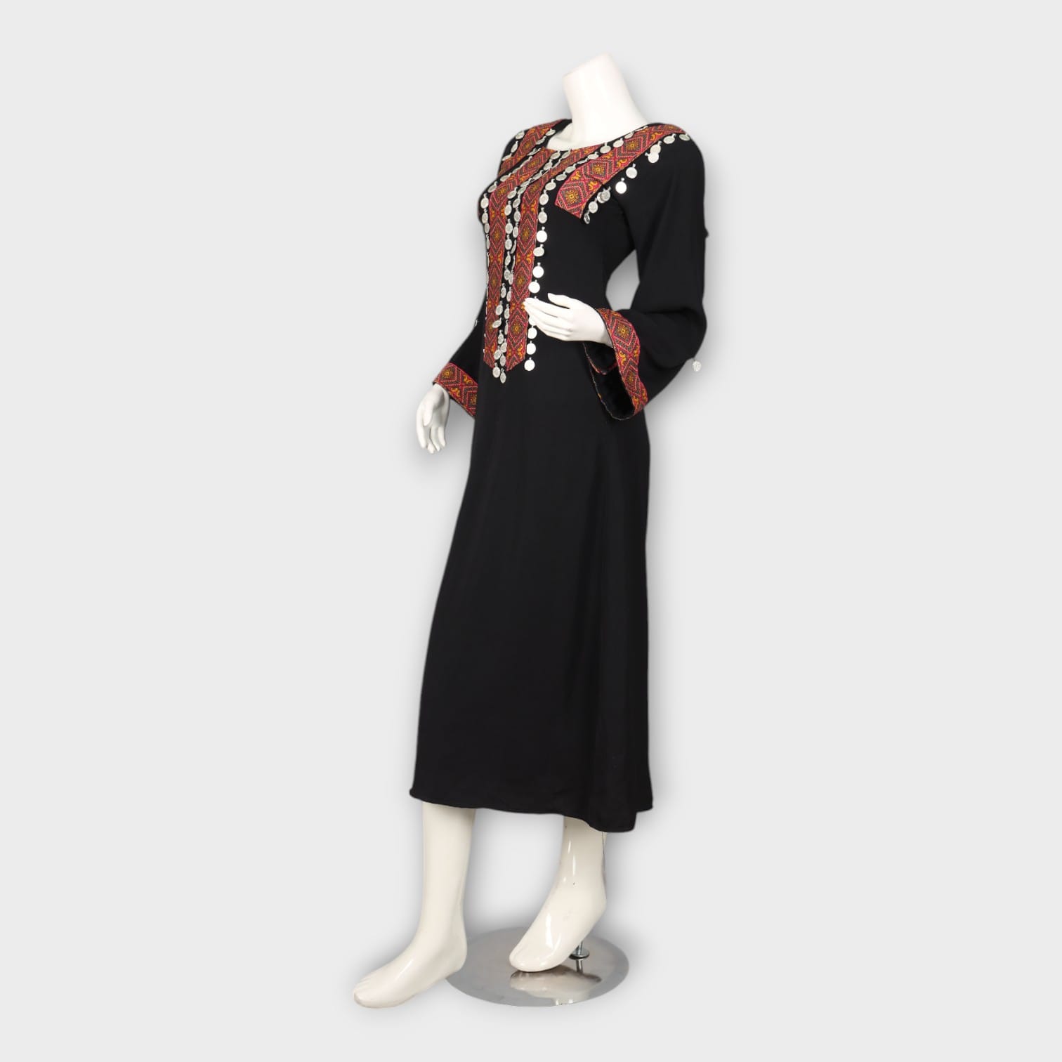 Black Traditional Afghan Dress with Colorful Embroidery and Coin Work