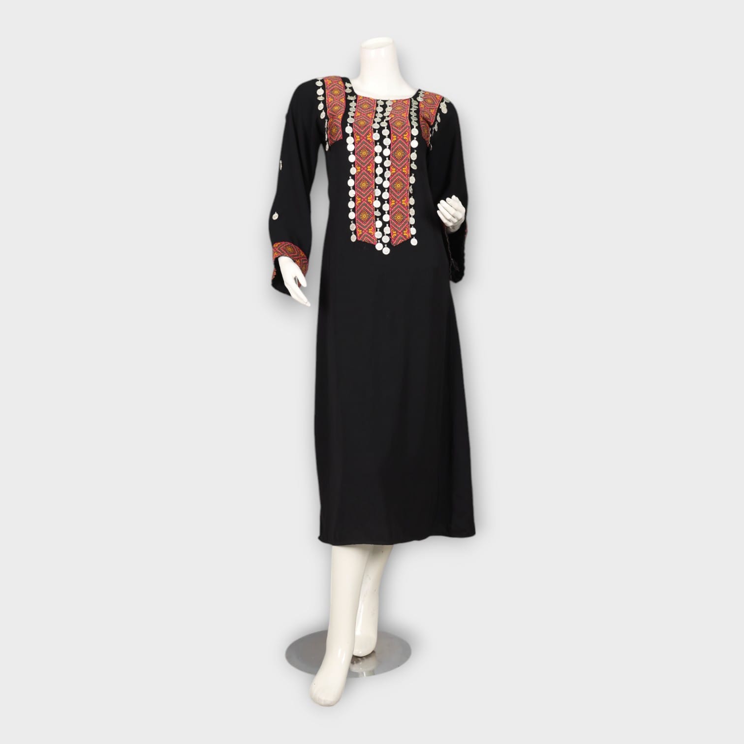 Black Traditional Afghan Dress with Colorful Embroidery and Coin Work