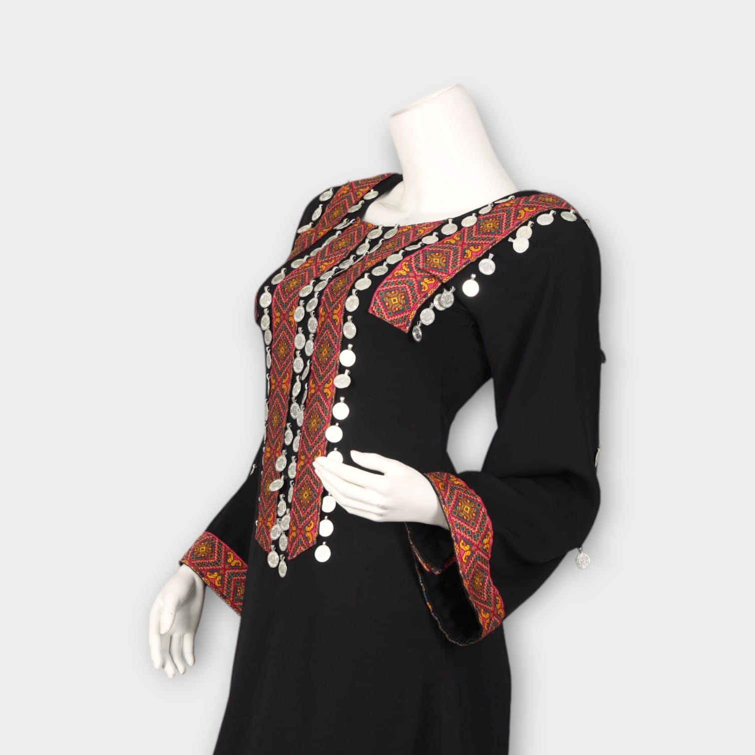 Black Traditional Afghan Dress with Colorful Embroidery and Coin Work