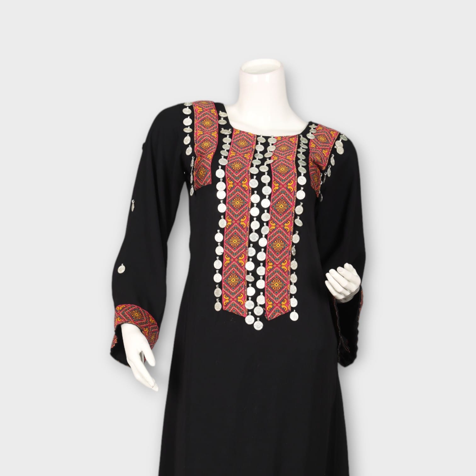 Black Traditional Afghan Dress with Colorful Embroidery and Coin Work