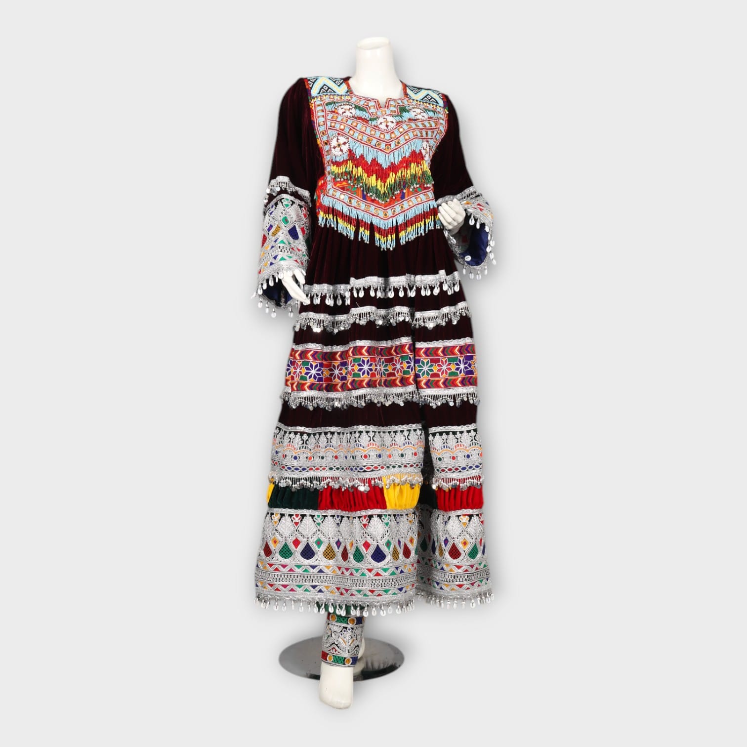 Traditional Afghan Kuchi Dress with Embroidery, Mirror Work, and Green Dupatta