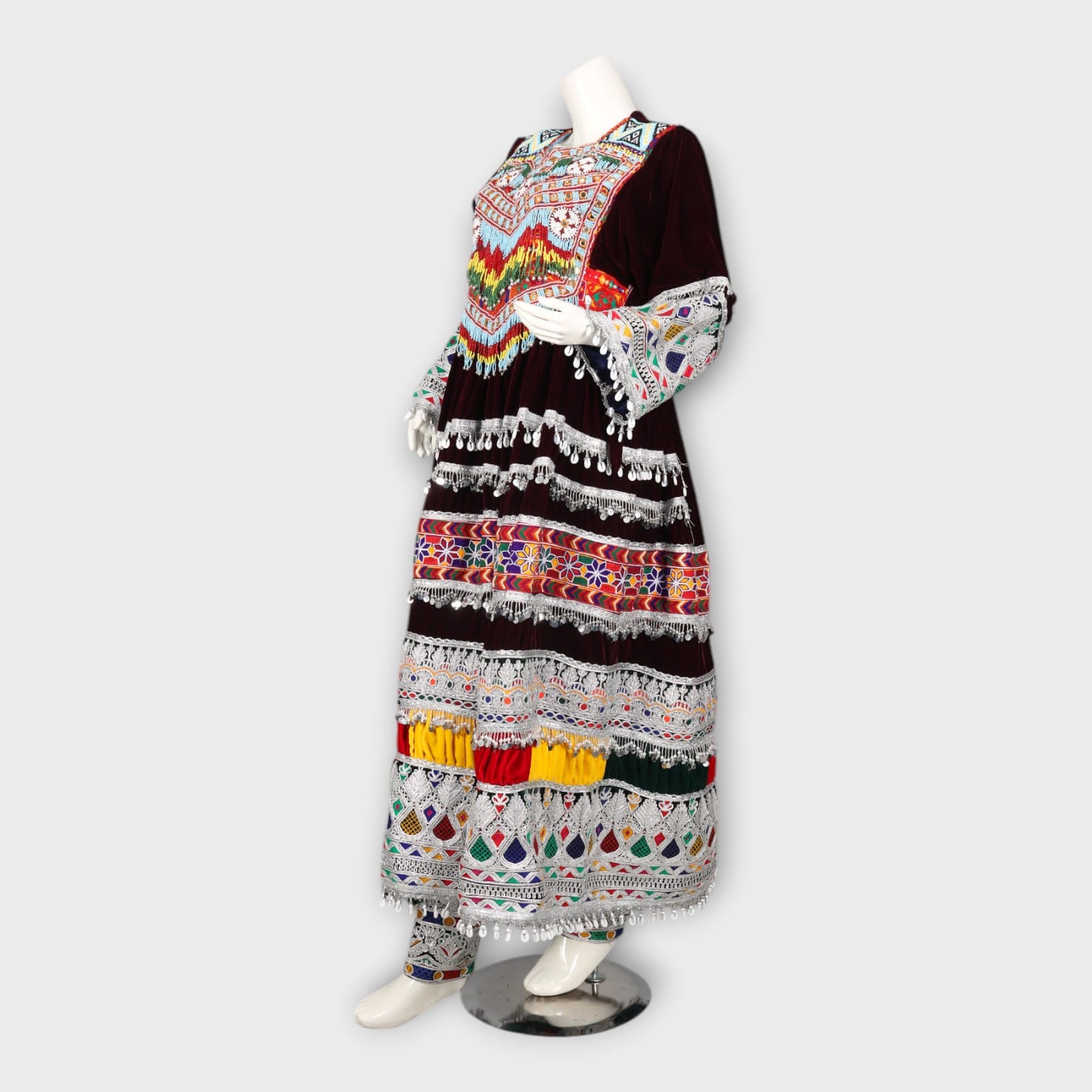 Traditional Afghan Kuchi Dress with Embroidery, Mirror Work, and Green Dupatta
