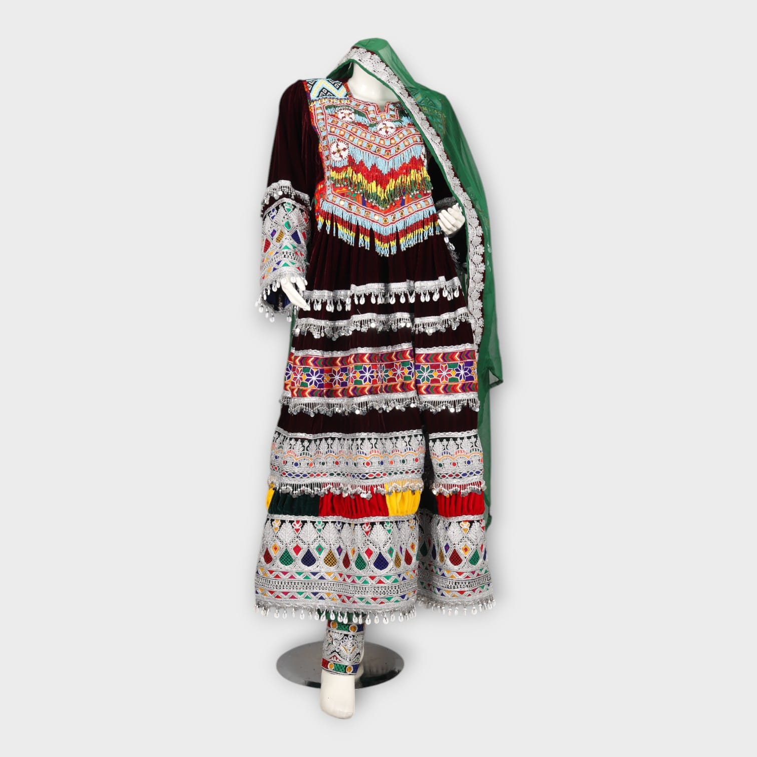 Traditional Afghan Kuchi Dress with Embroidery, Mirror Work, and Green Dupatta