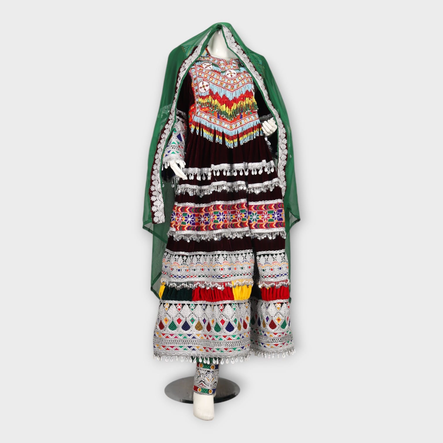 Traditional Afghan Kuchi Dress with Embroidery, Mirror Work, and Green Dupatta
