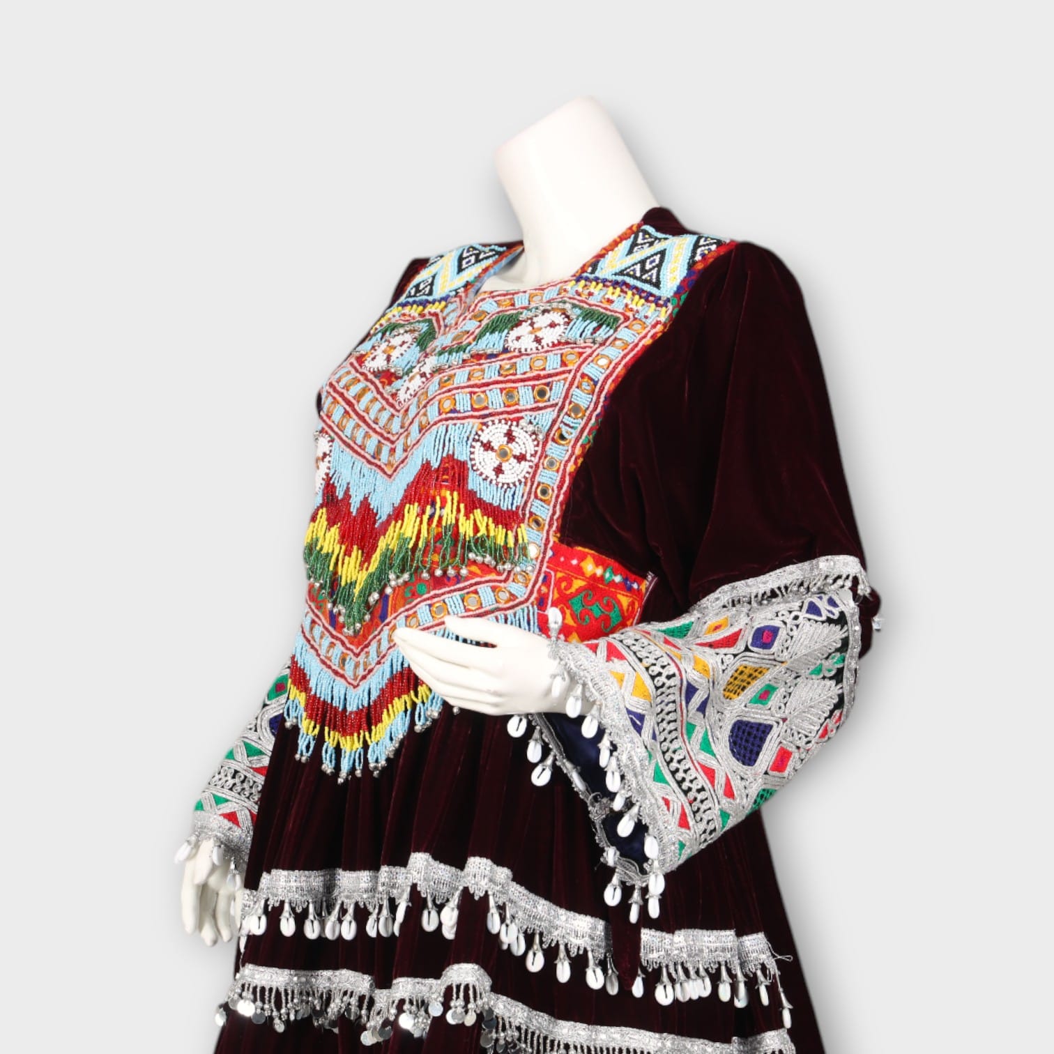 Traditional Afghan Kuchi Dress with Embroidery, Mirror Work, and Green Dupatta