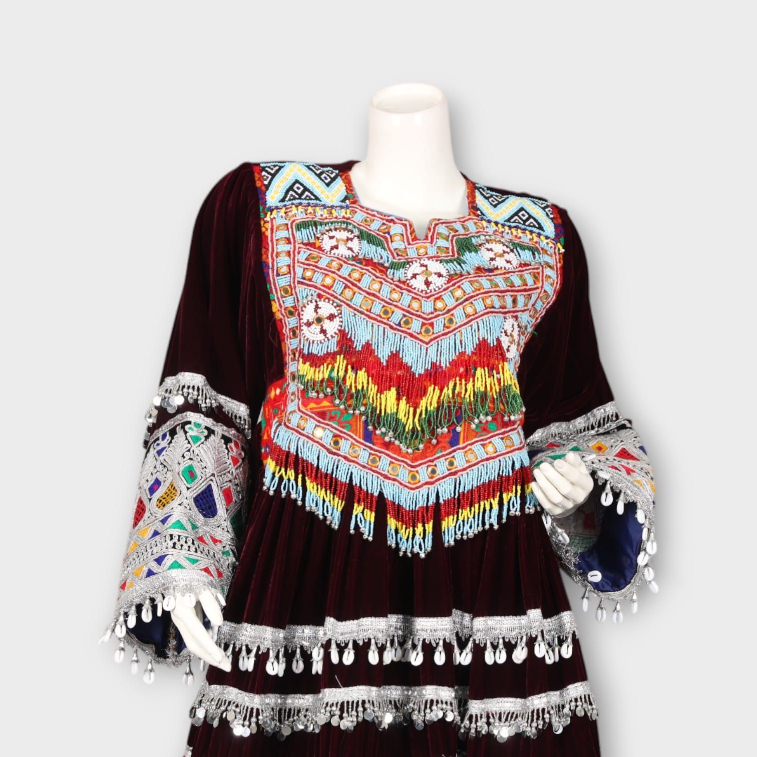 Traditional Afghan Kuchi Dress with Embroidery, Mirror Work, and Green Dupatta